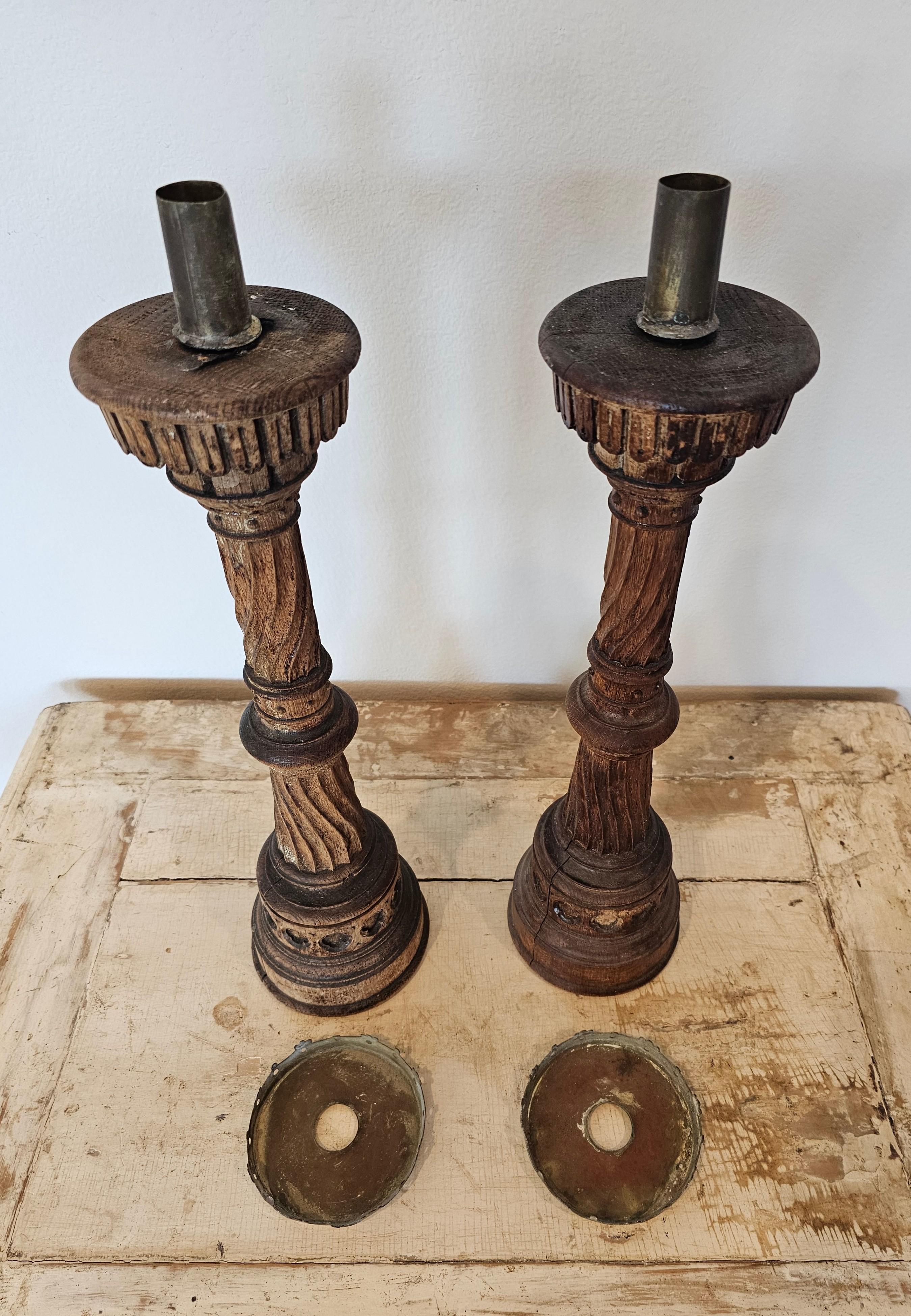 19th Century French Neo-Gothic Carved Wood Church Altar Stick Candlestick Pair  3