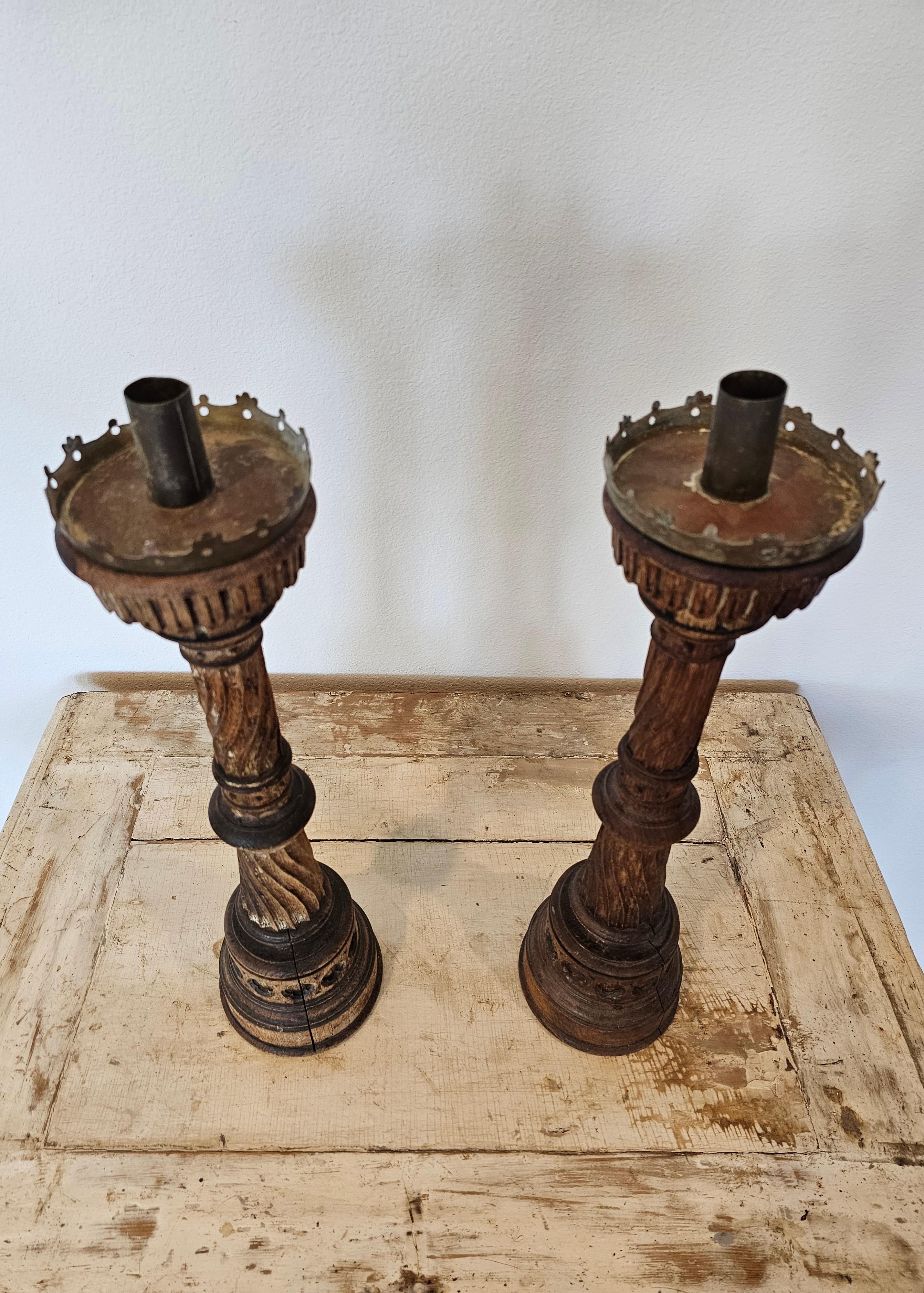 19th Century French Neo-Gothic Carved Wood Church Altar Stick Candlestick Pair  4