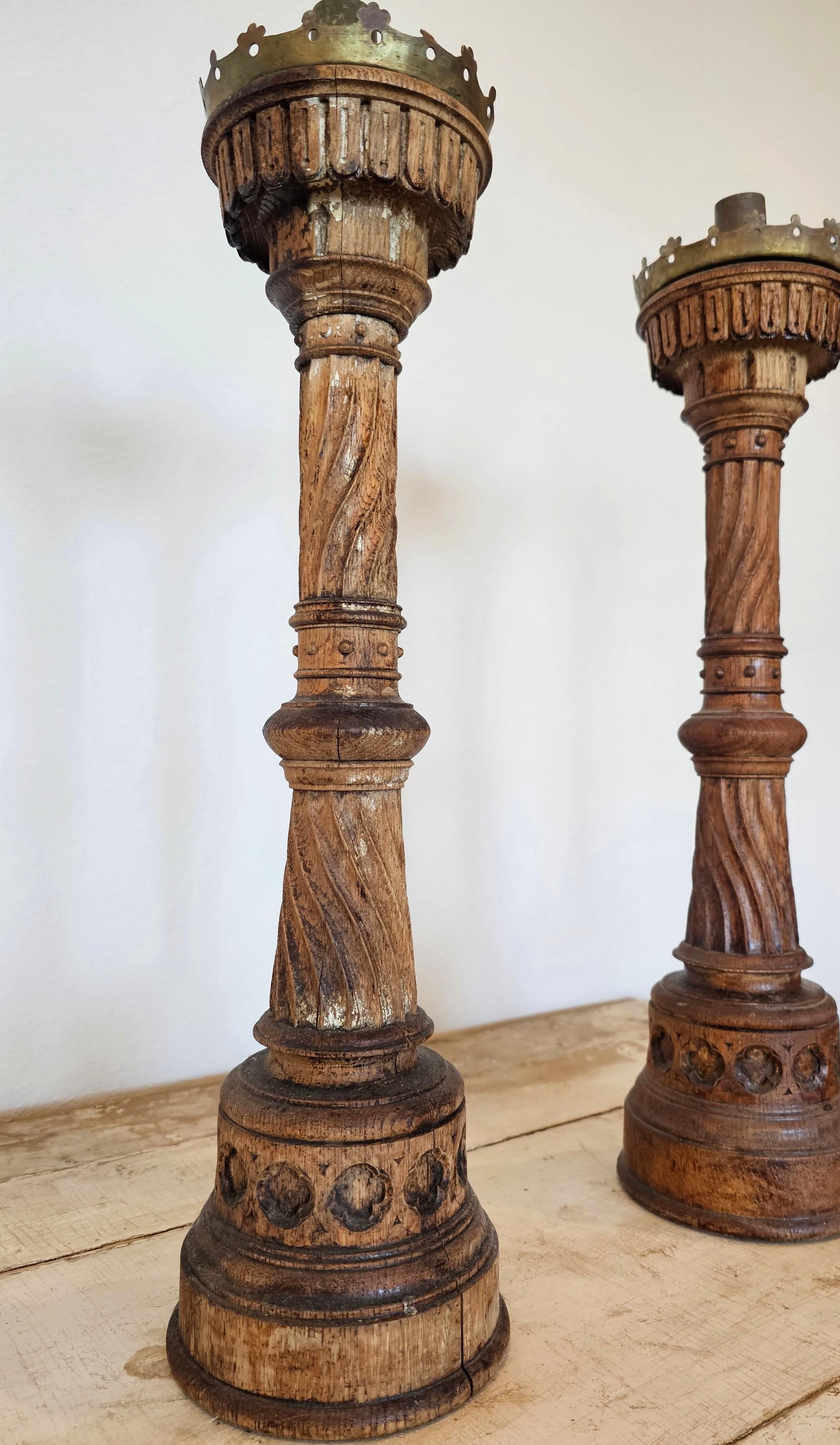 19th Century French Neo-Gothic Carved Wood Church Altar Stick Candlestick Pair  5