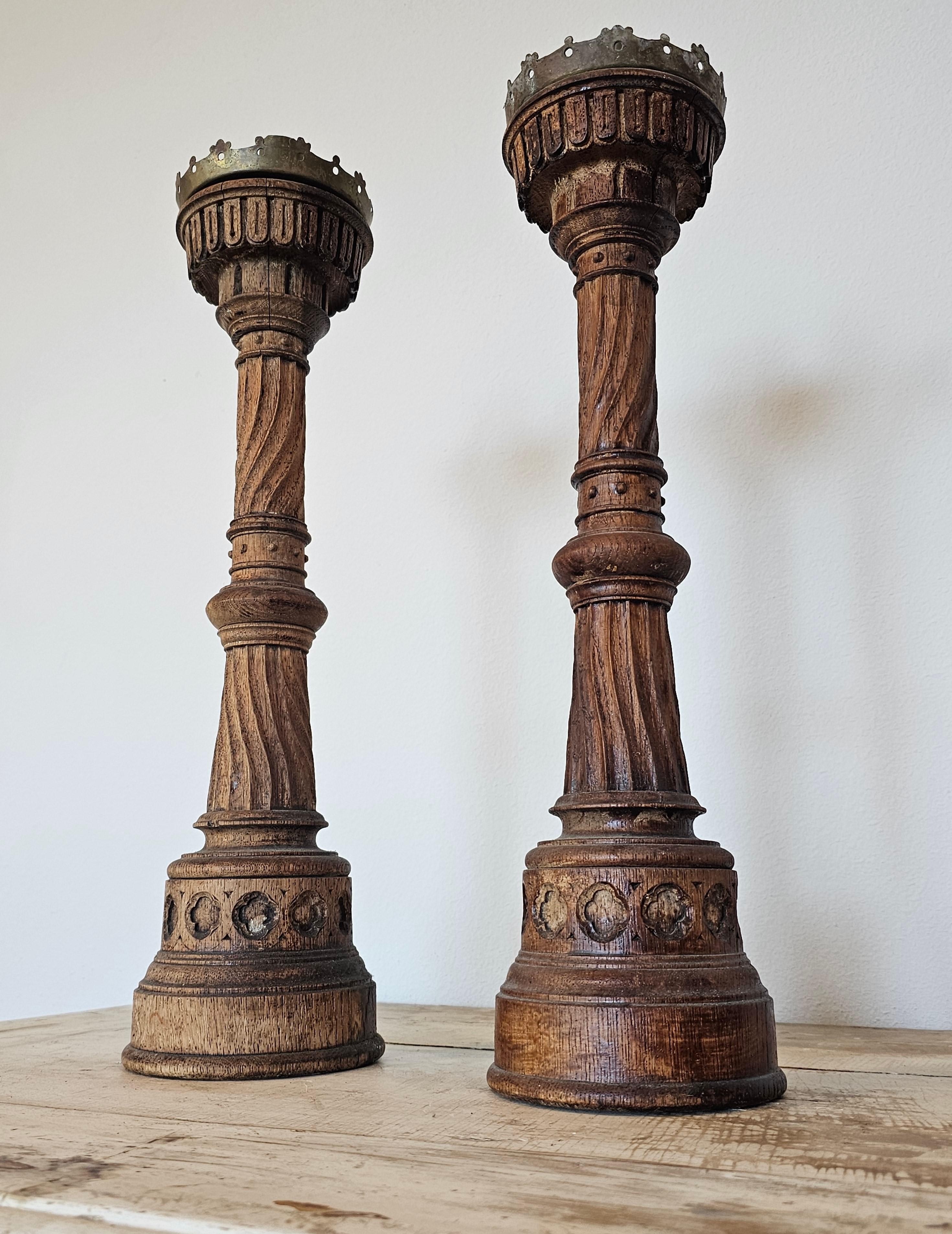 19th Century French Neo-Gothic Carved Wood Church Altar Stick Candlestick Pair  7
