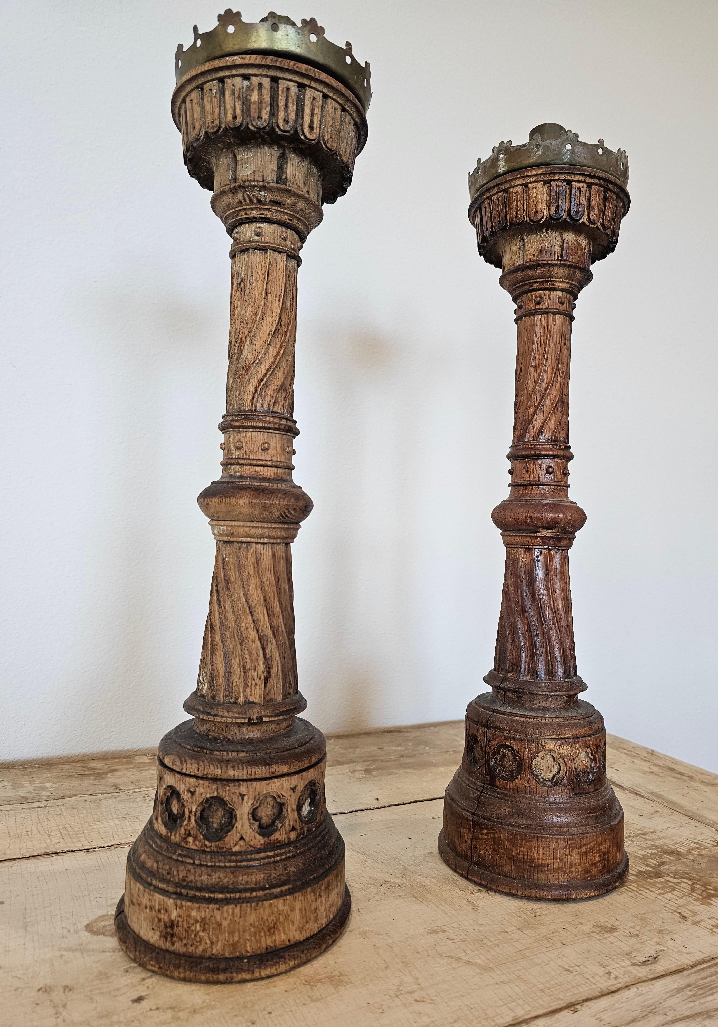 19th Century French Neo-Gothic Carved Wood Church Altar Stick Candlestick Pair  8