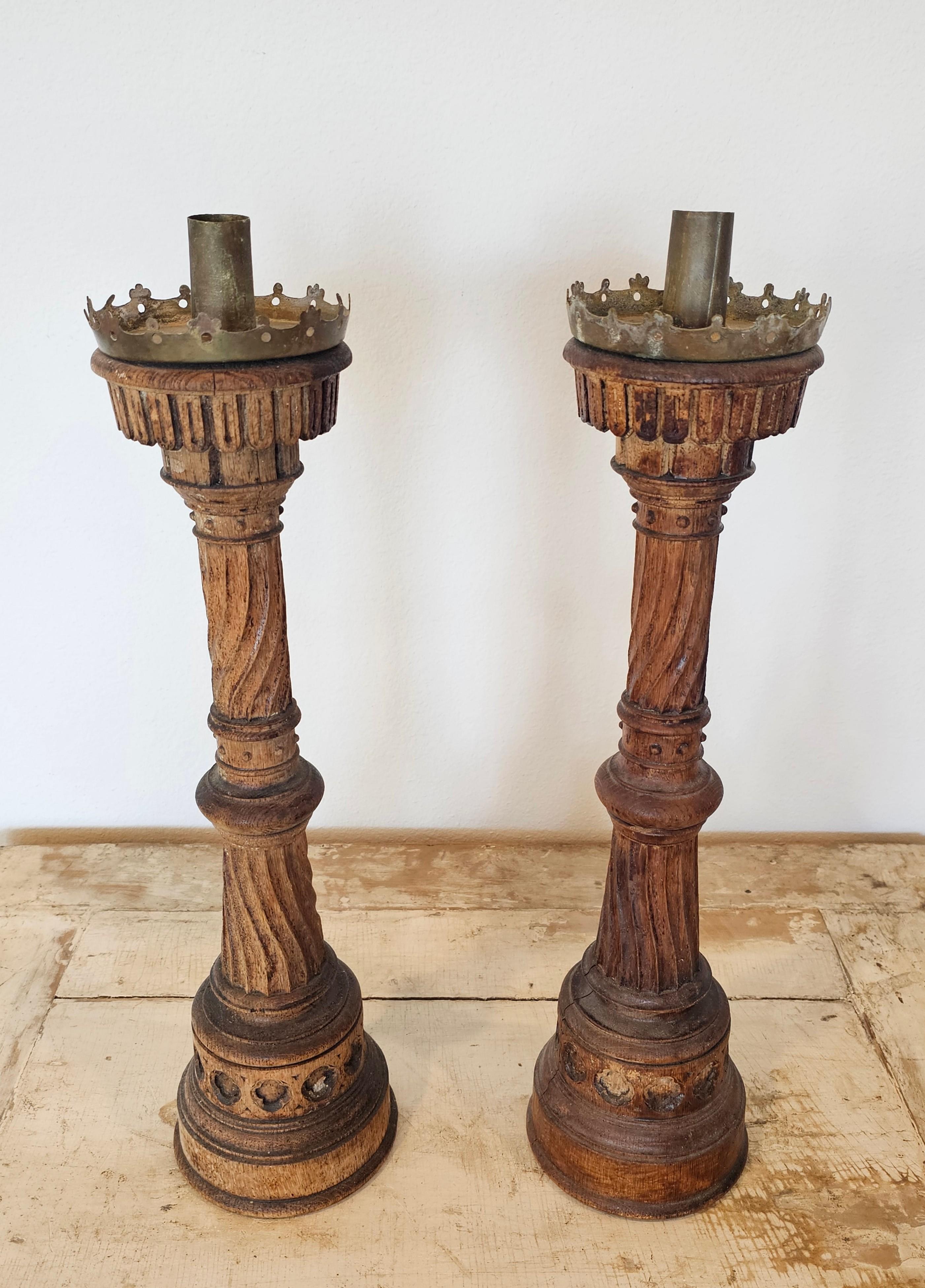 Gothic Revival 19th Century French Neo-Gothic Carved Wood Church Altar Stick Candlestick Pair 
