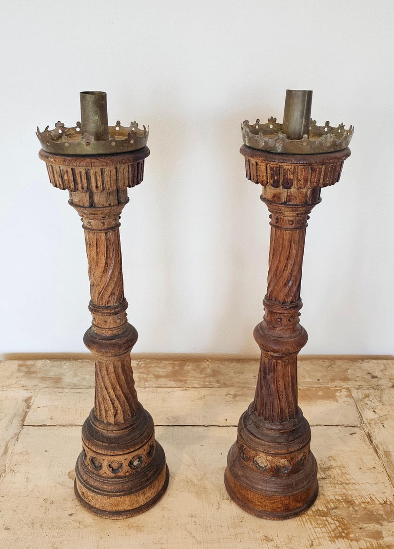 19th Century French Neo-Gothic Carved Wood Church Altar Stick Candlestick  Pair at 1stDibs
