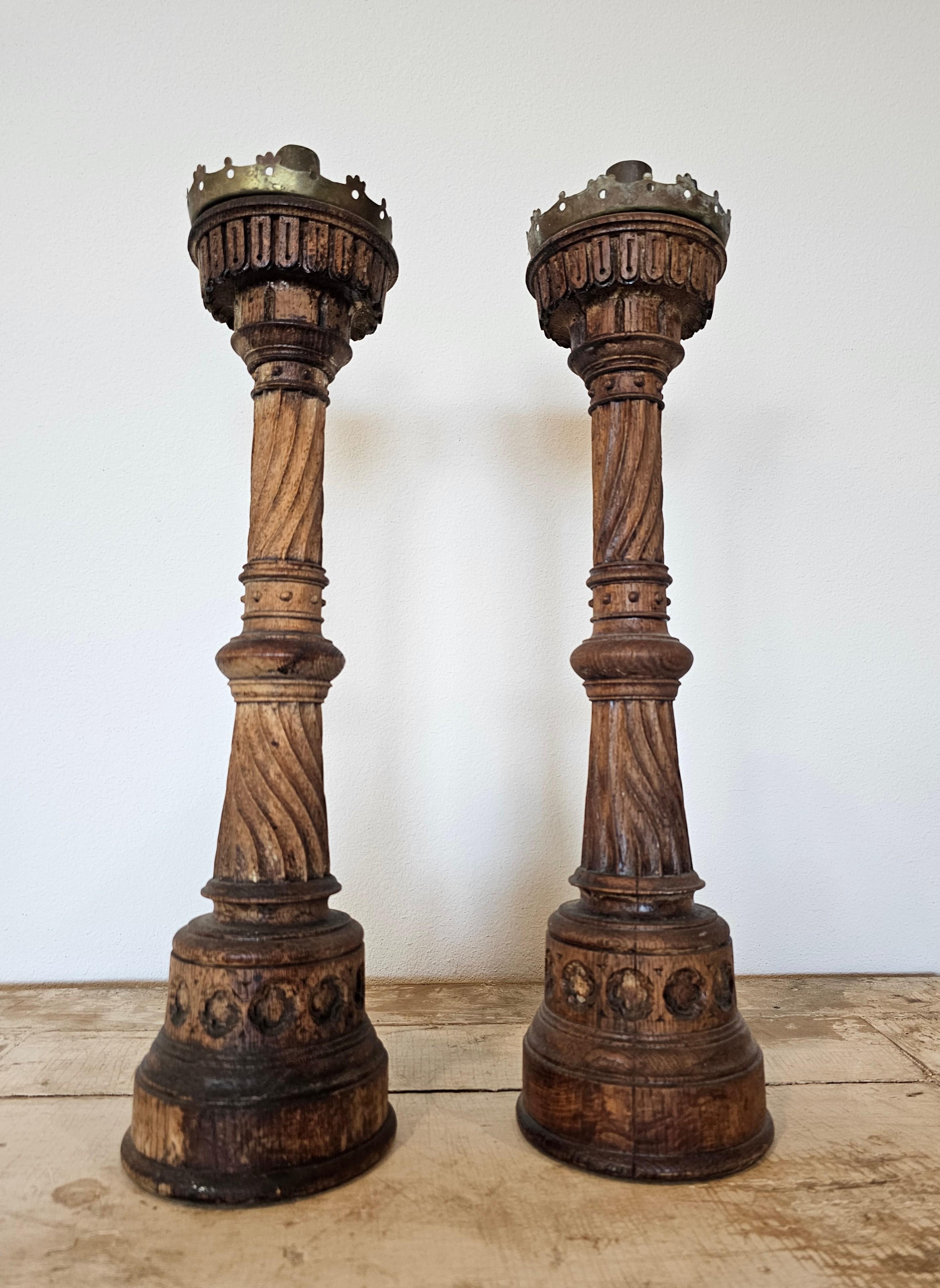 19th Century French Neo-Gothic Carved Wood Church Altar Stick Candlestick Pair  In Good Condition In Forney, TX