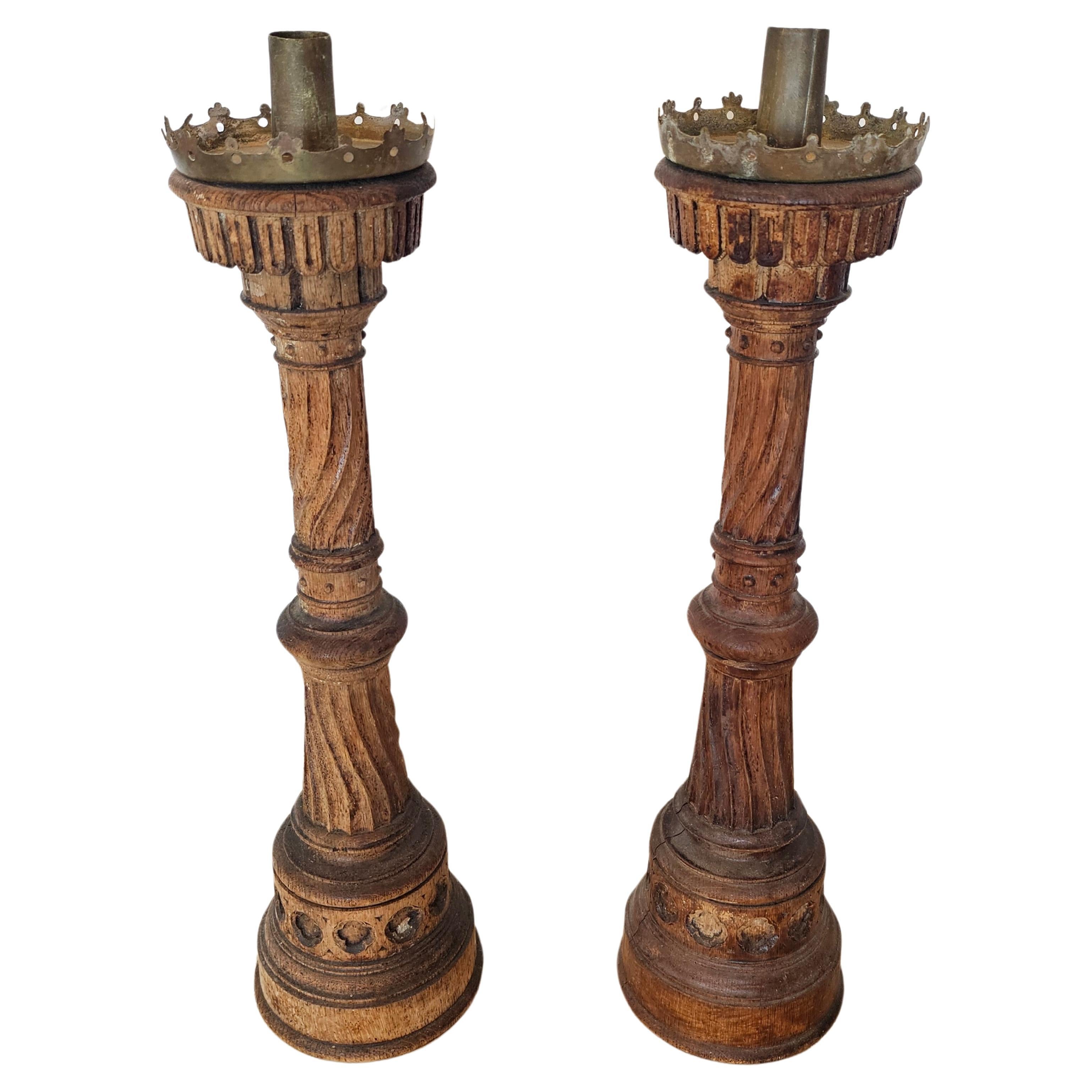 19th Century French Neo-Gothic Carved Wood Church Altar Stick Candlestick Pair 
