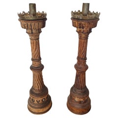 Antique 19th Century French Neo-Gothic Carved Wood Church Altar Stick Candlestick Pair 