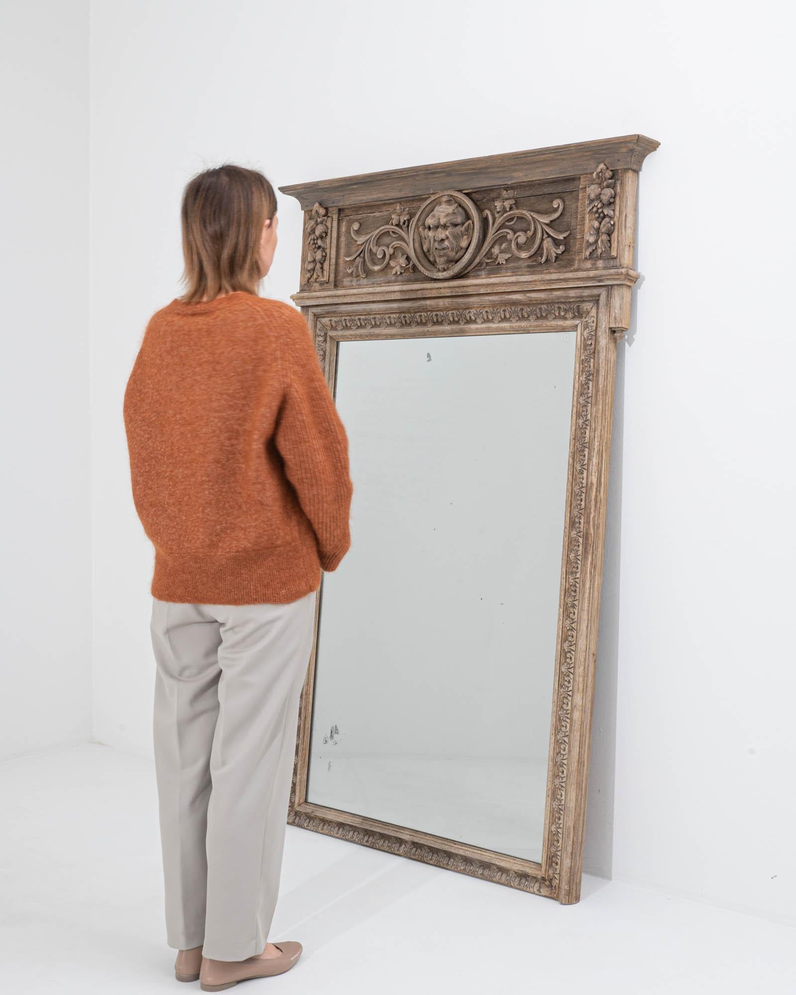 Bleached 19th Century French Neo Renaissance Oak Trumeau Mirror