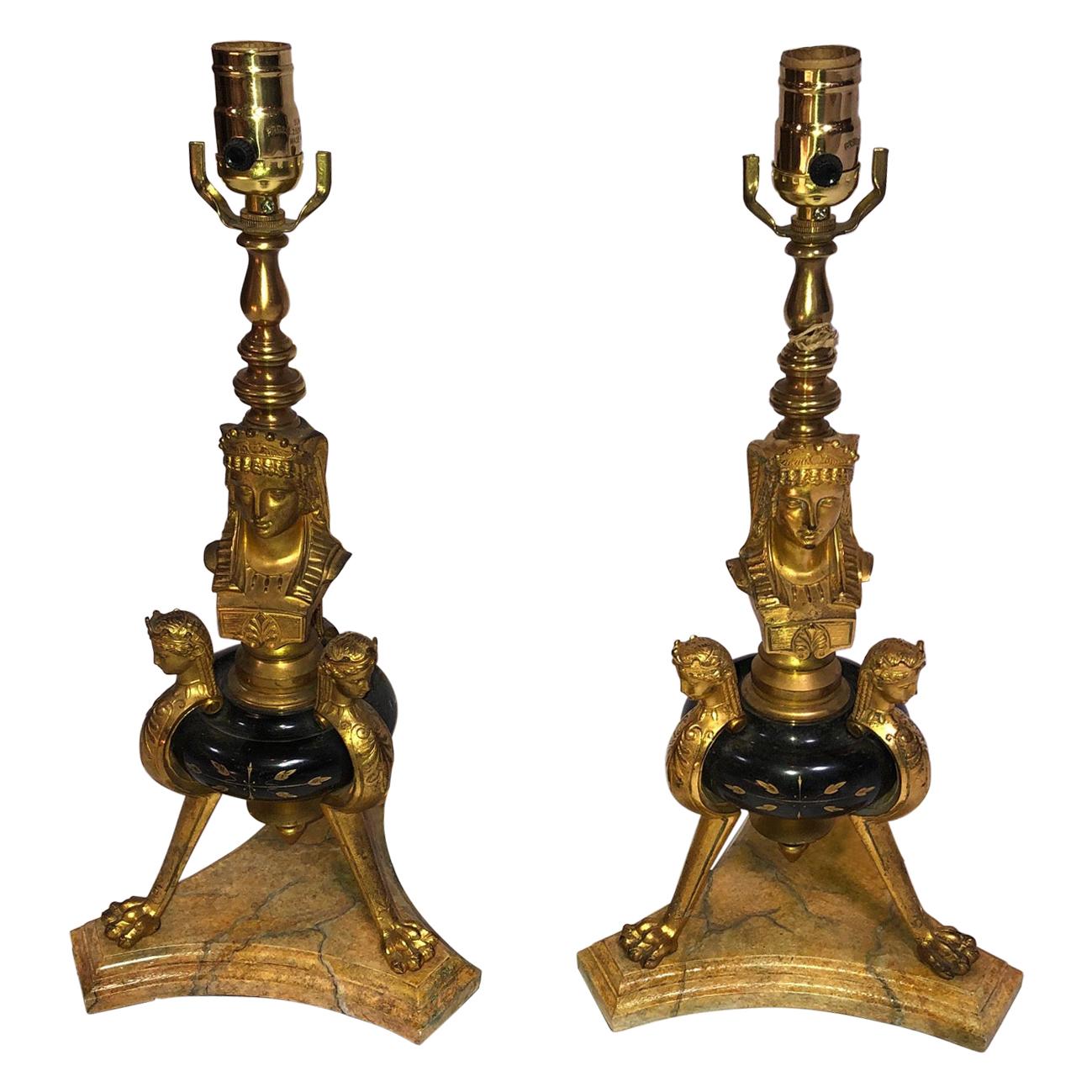 19th Century French Neoclassic Marble Bronze Doré Lamps For Sale