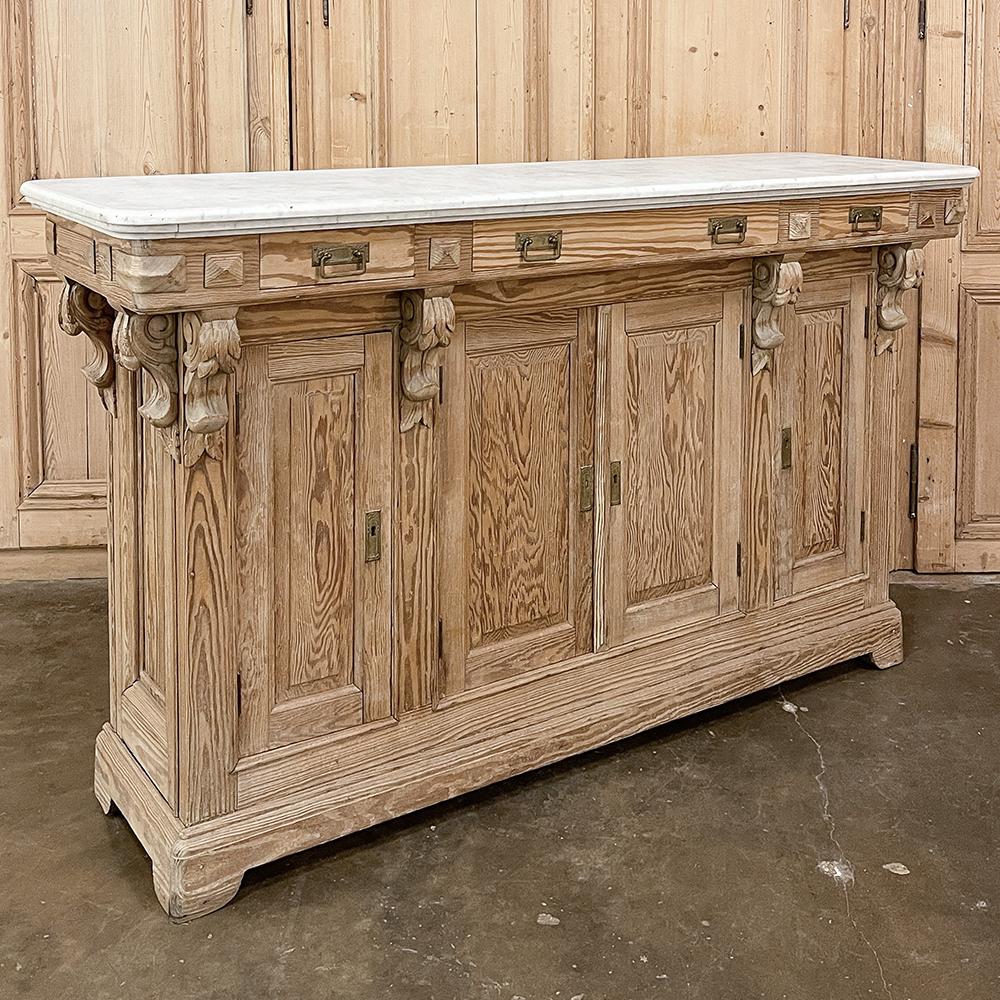 19th century French neoclassical bar ~ counter with Carrara marble Top was originally designed as a beer and wine bar, and sports its original under-beveled marble top! A 42