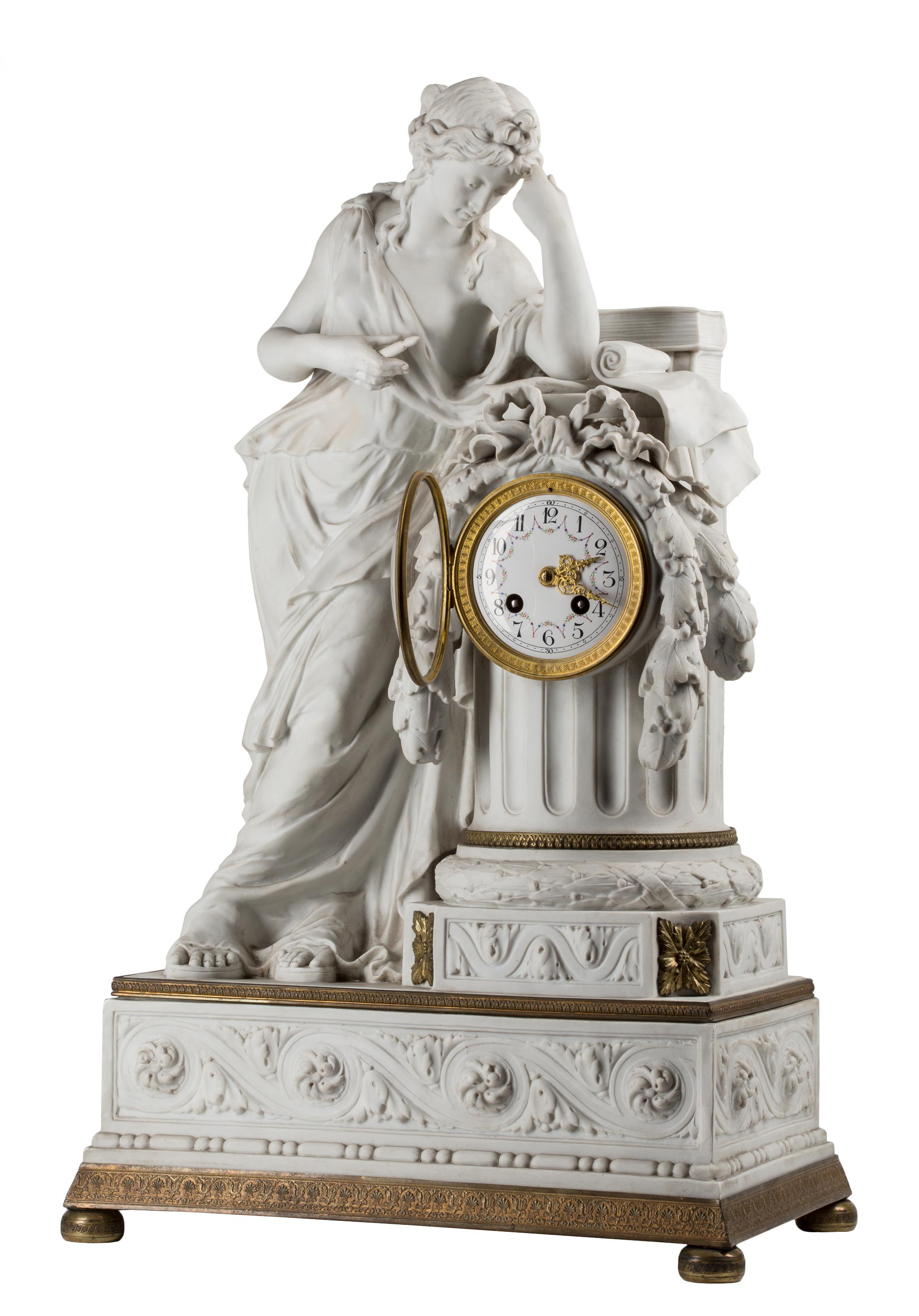 19th century French Empire style Neoclassical mantel clock in bisque porcelain, featuring the figure of Clio, the Greek muse of literature and history. The movement is stamped 