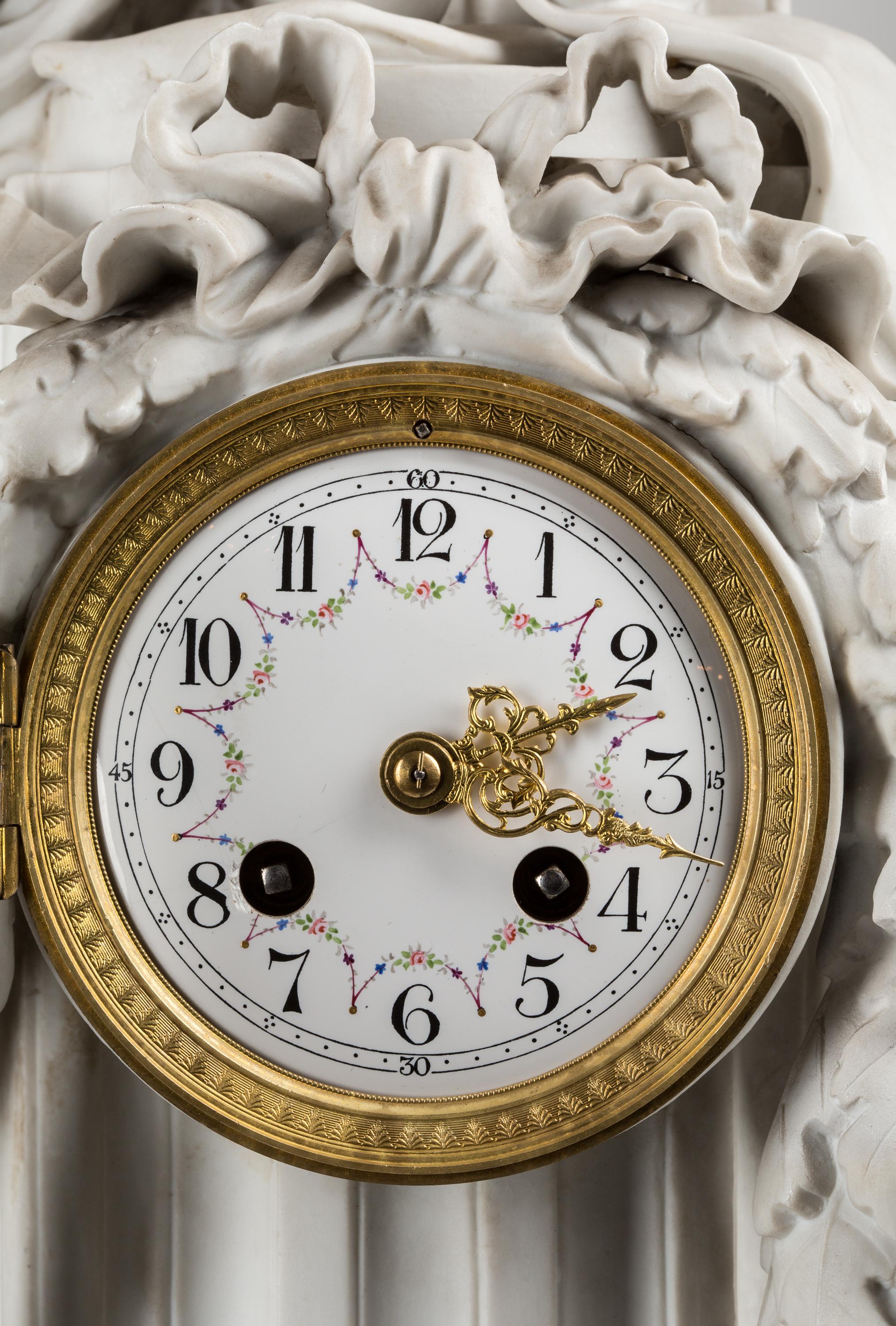 Empire Revival 19th Century French Neoclassical Bisque Porcelain Mantel Clock with Muse Clio For Sale