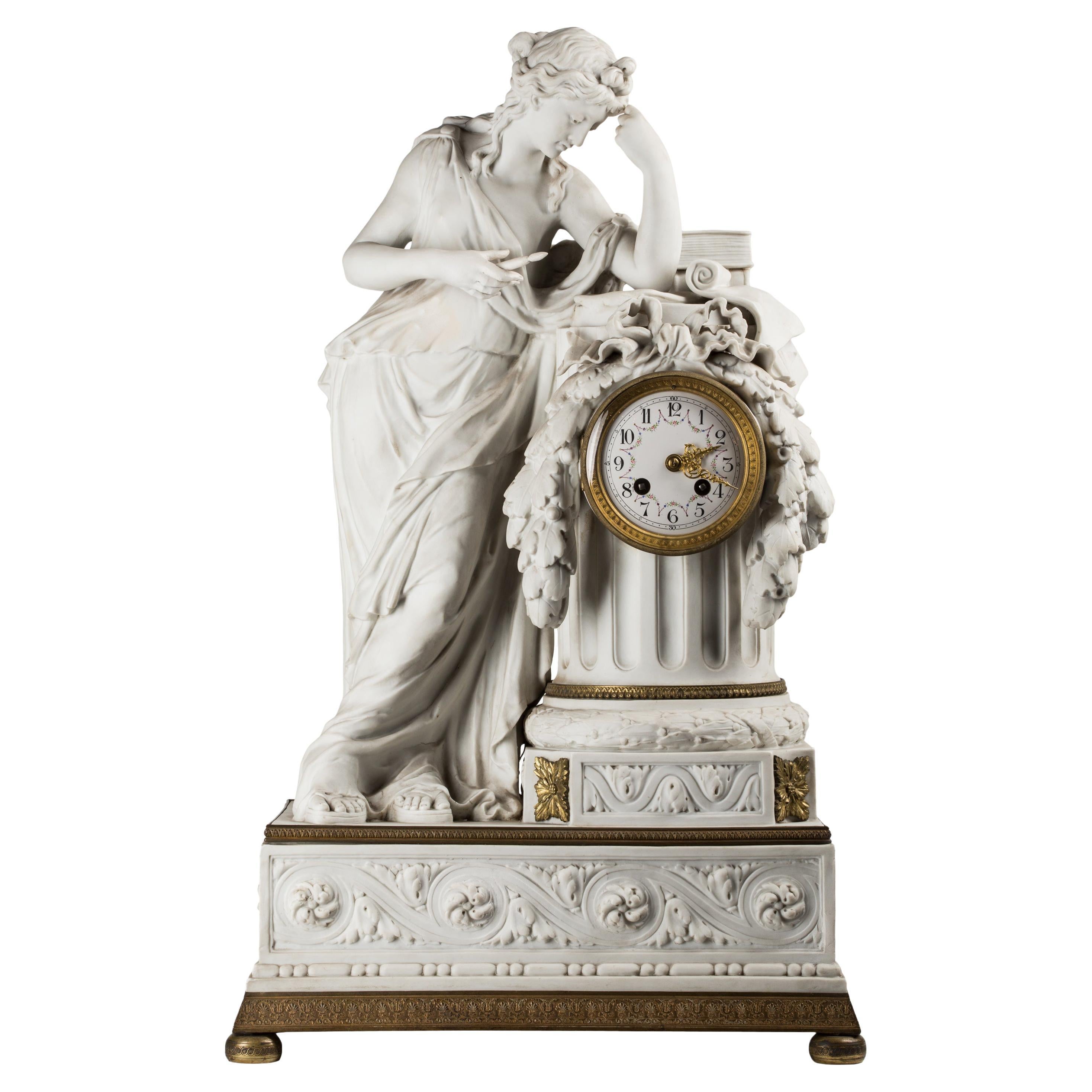 19th Century French Neoclassical Bisque Porcelain Mantel Clock with Muse Clio For Sale