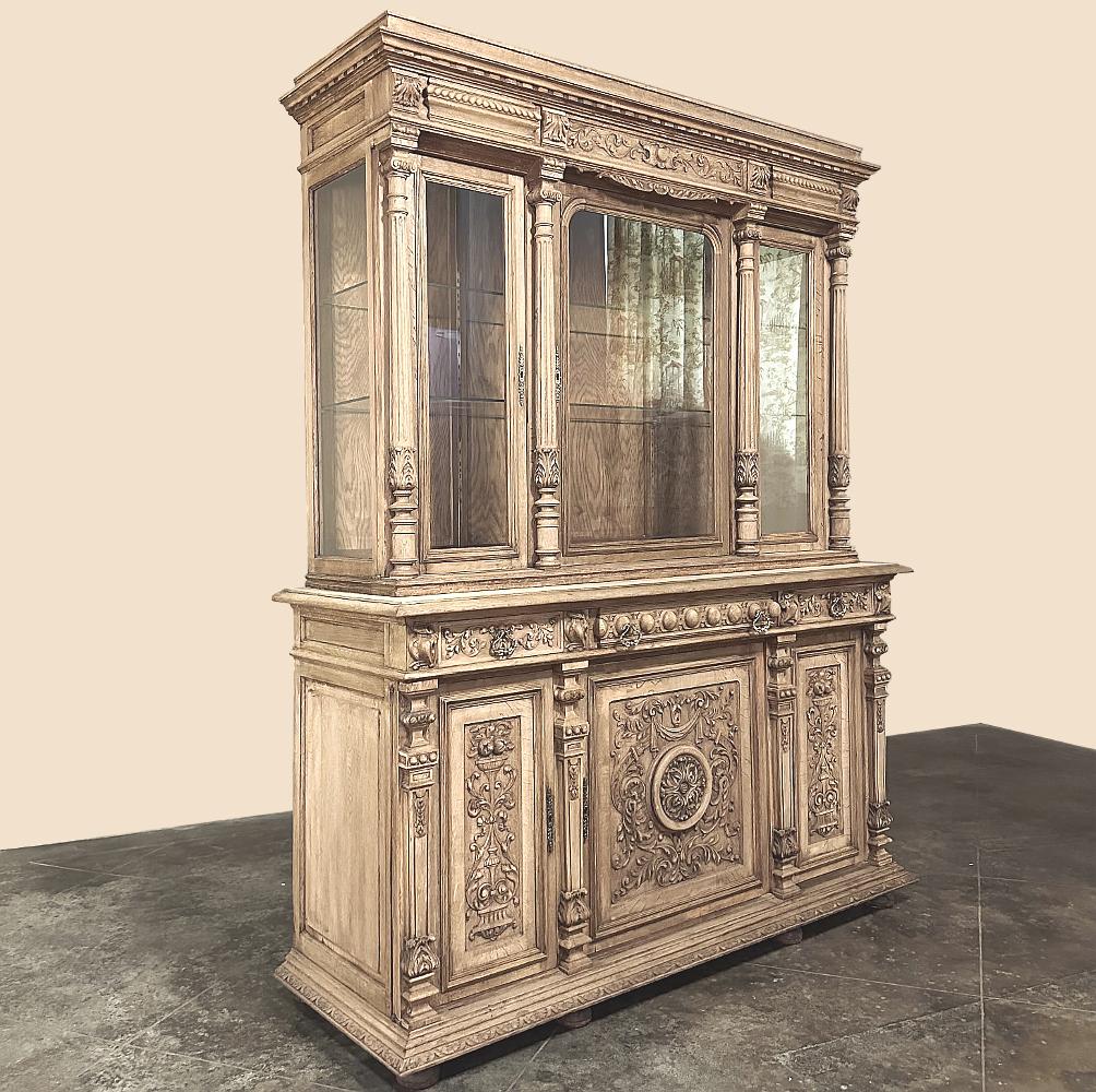 19th century French neoclassical bookcase ~ Bibliotheque is a masterpiece of the wood sculptor's art! The timeless architecture features a triple glass door cabinet atop a lower tier that is basically a buffet, combining storage with display in a