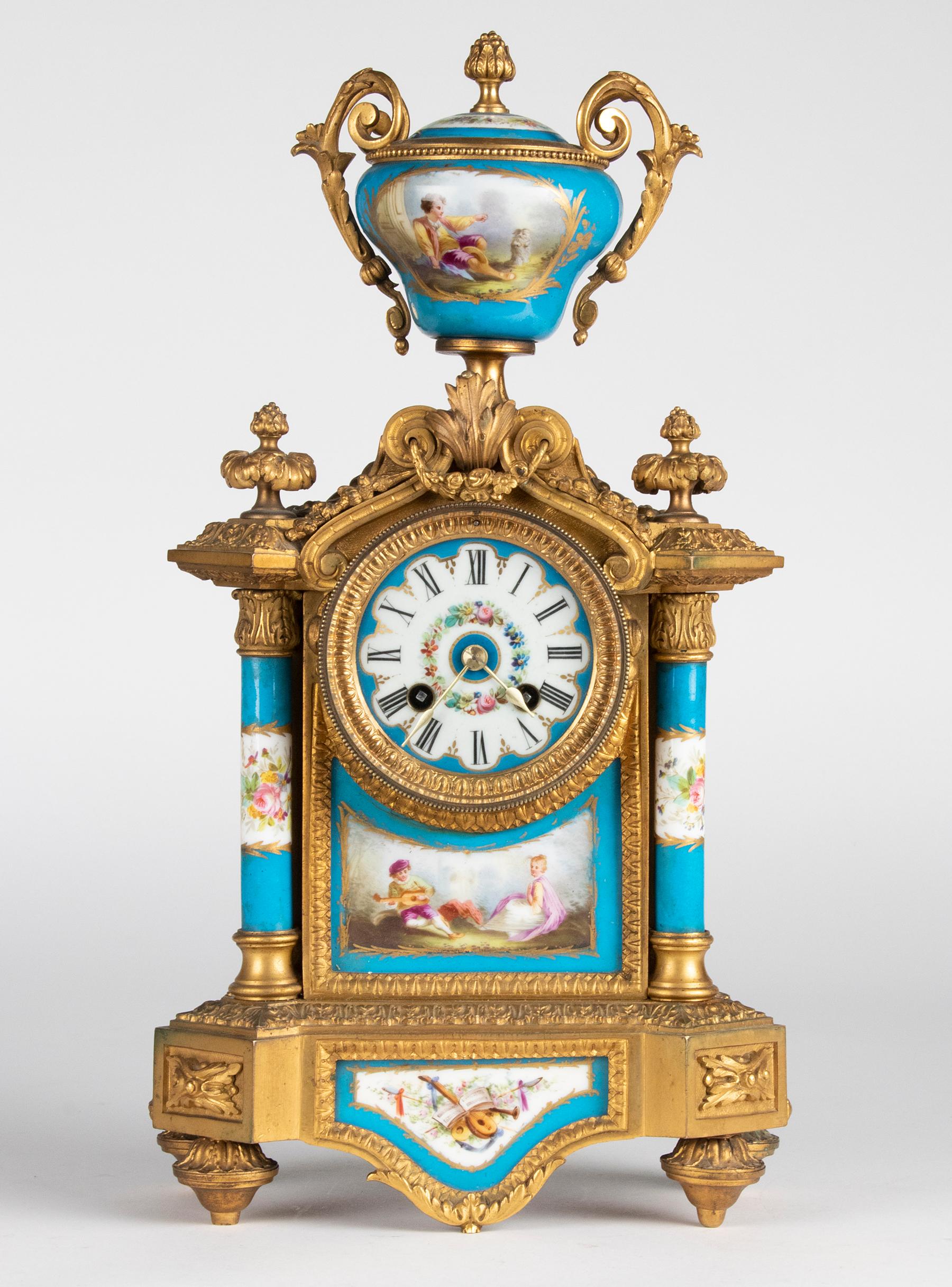 A fine quality 19th century ormolu bronze mantel clock in Louis XVI style. Decorated with Sèvres style painted porcelain. The painting is in neoclassical style, with music theme. The paintwork is of fine and beautiful quality. The case is made of