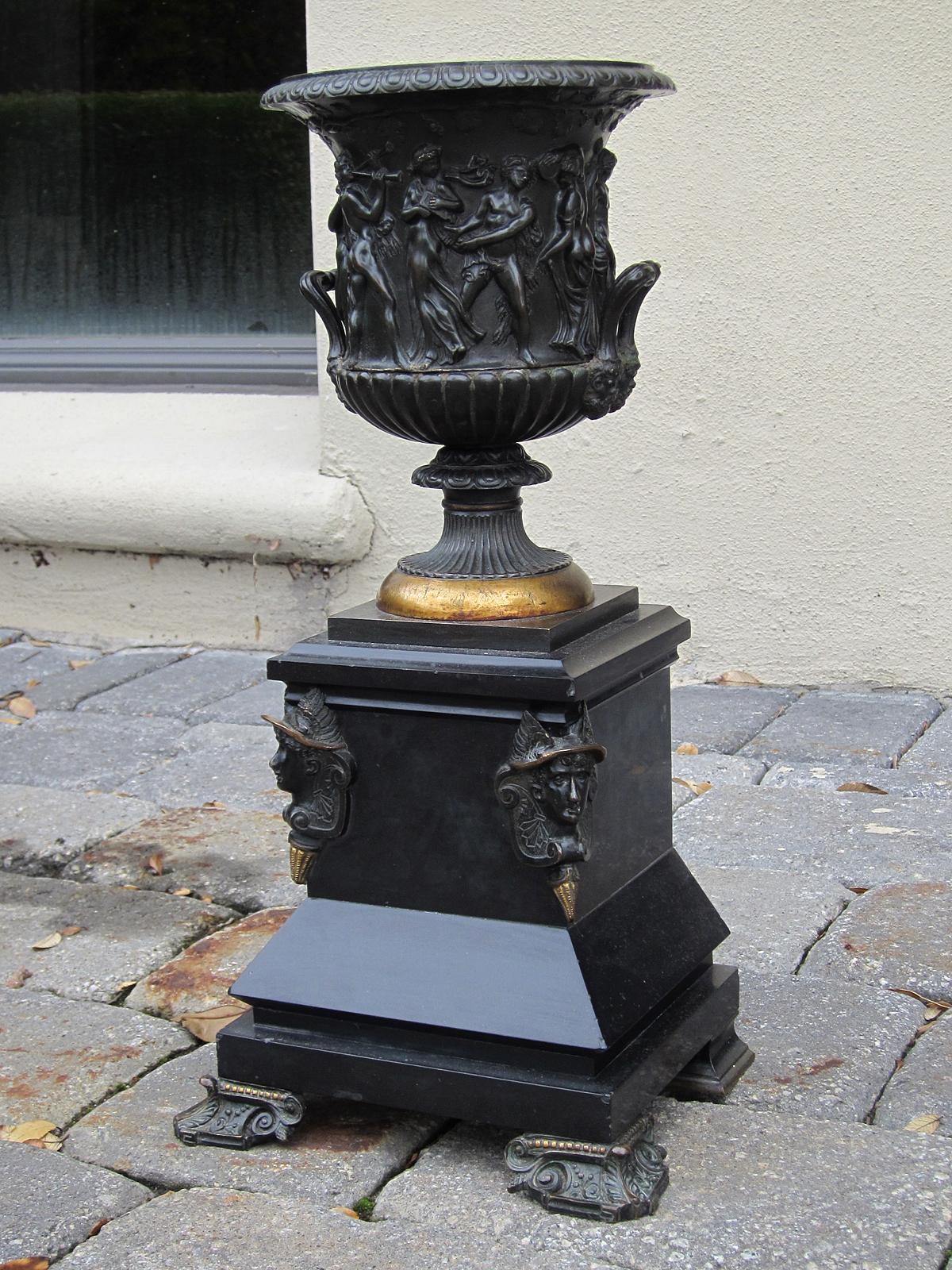 19th century French neoclassical bronze urn with mythological relief.