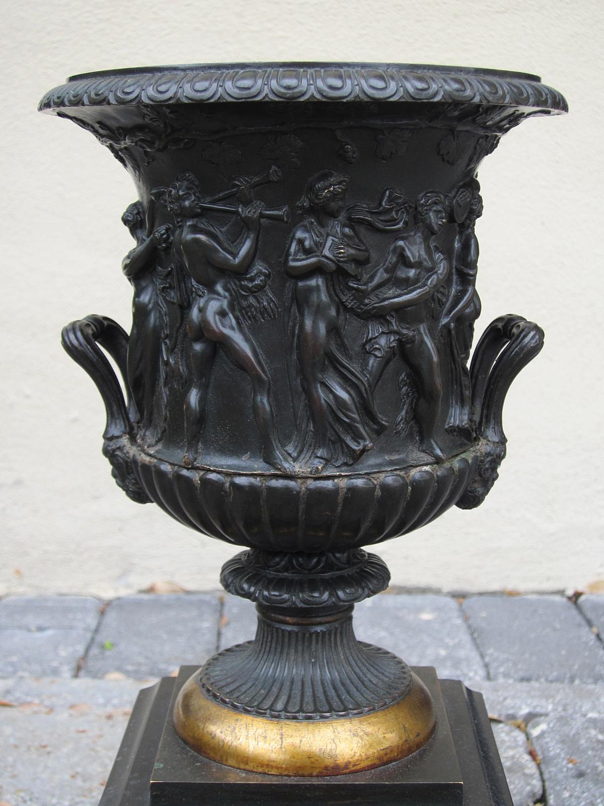 19th Century French Neoclassical Bronze Urn with Mythological Relief For Sale 1