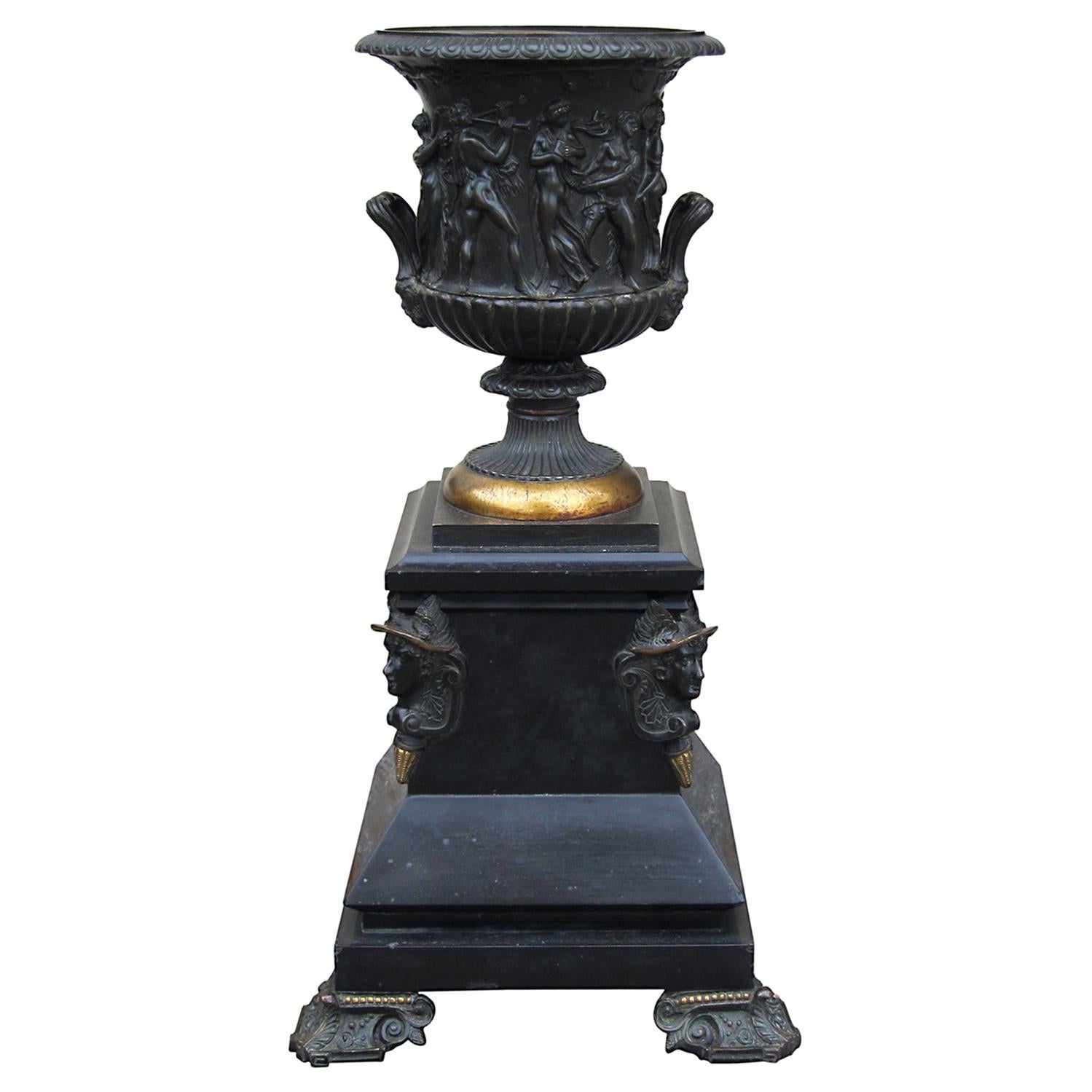 19th Century French Neoclassical Bronze Urn with Mythological Relief For Sale