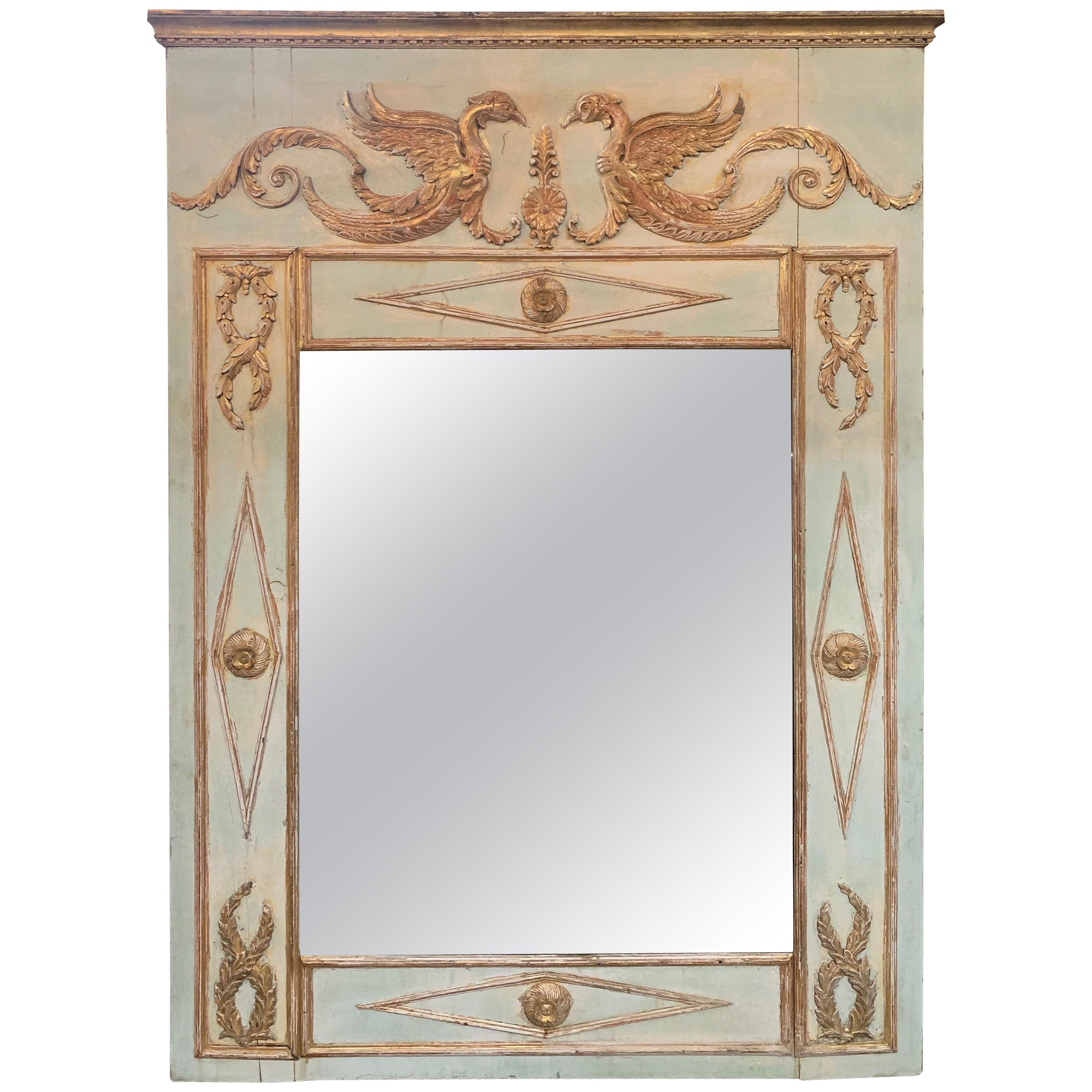 19th Century French Neoclassical Carved and Parcel Gilt Trumeau Mirror For Sale