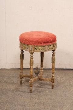 19th Century French Neoclassical Carved Wood Stool with Velvet Seat