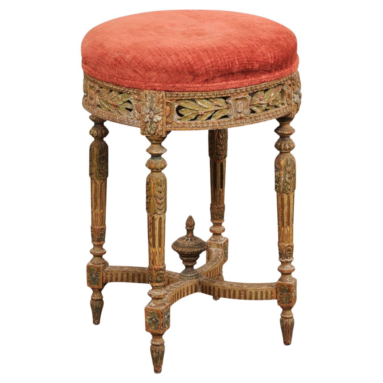 19th Century French Neoclassical Carved Wood Stool with Velvet Seat