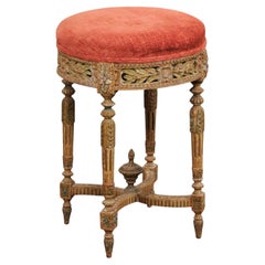 19th Century French Neoclassical Carved Wood Stool with Velvet Seat 19th Century French Neoclassical Carved Wood Stool with Velvet Seat
