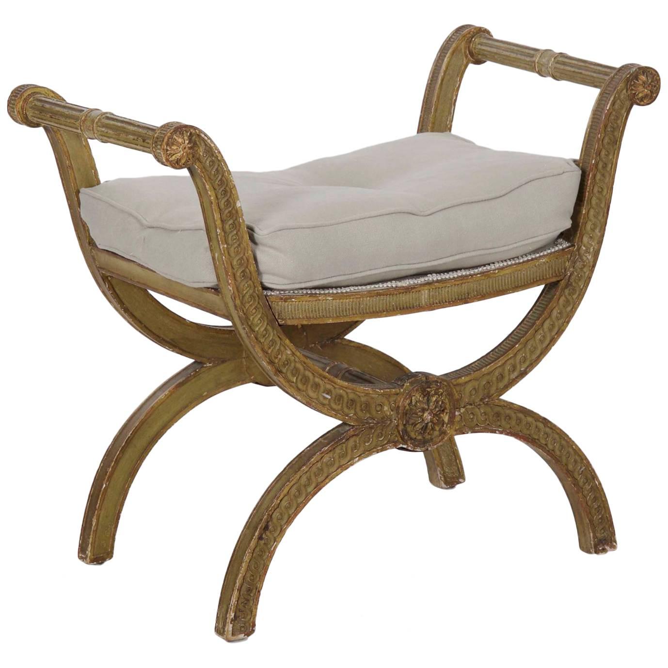 19th Century French Neoclassical Green Painted Antique Cerule Bench