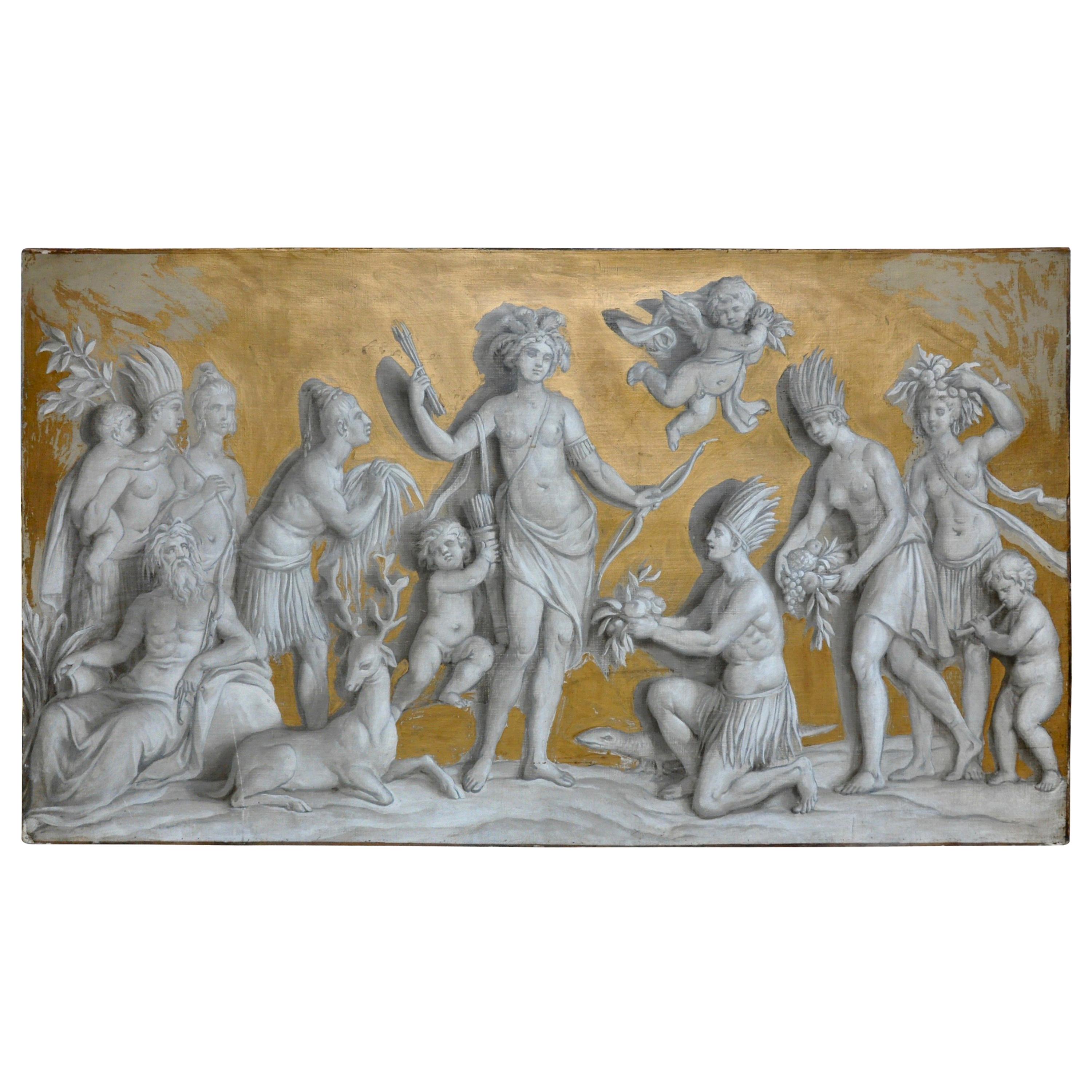 19th Century French Neoclassical Grisaille over Door Panel of the Americas
