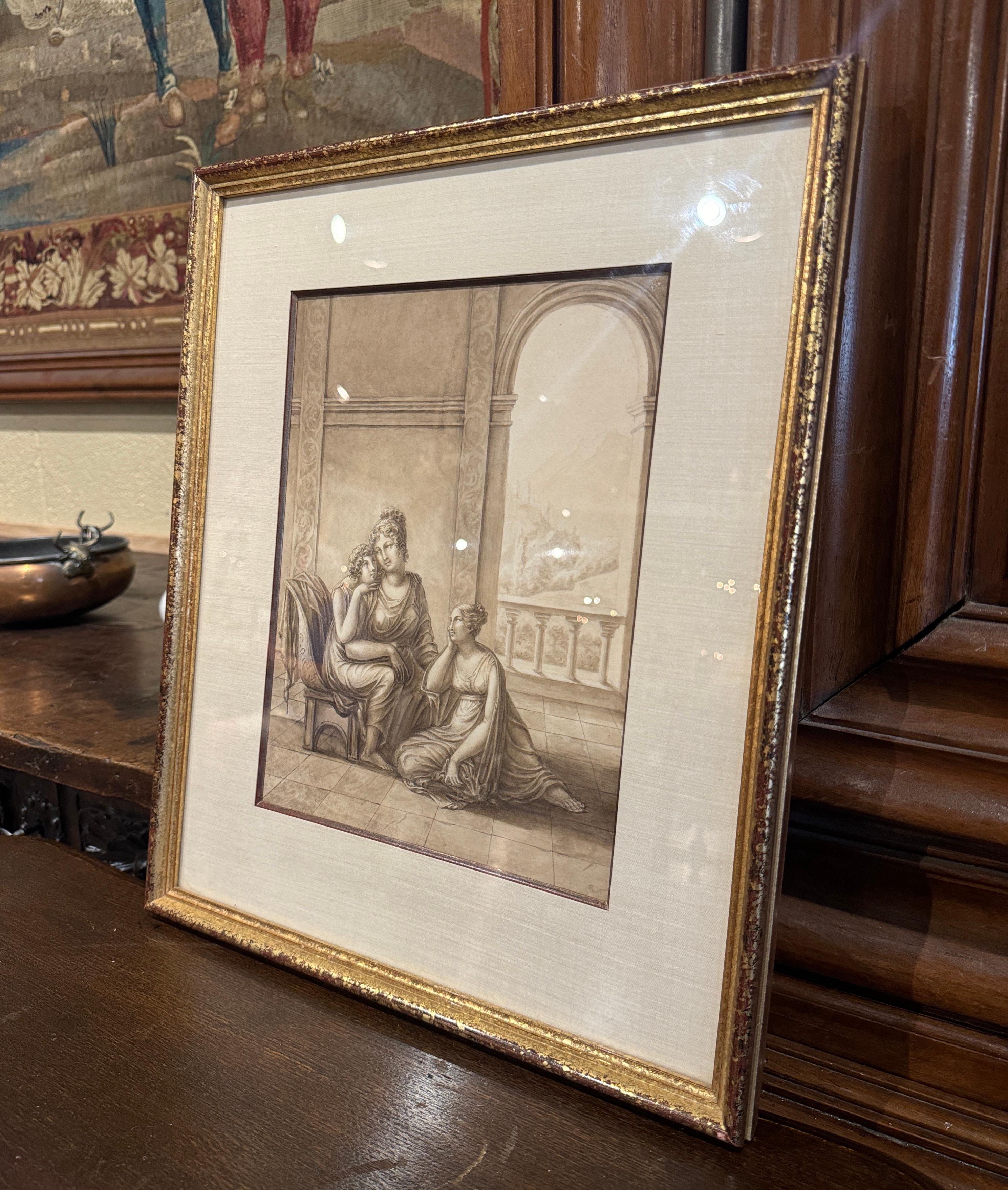  Decorate a wall with this elegant antique painting. Hand painted in France circa 1820, and set in a gilt wood frame protected with glass, the artwork features two classical women figures set in a neoclassical architectural setting with tall columns