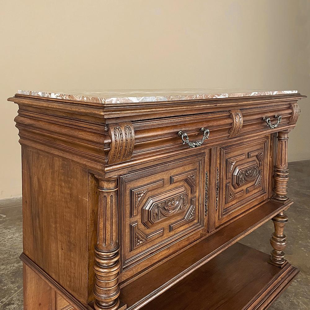 19th Century French Neoclassical Henri II Marble Top Walnut Buffet For Sale 1