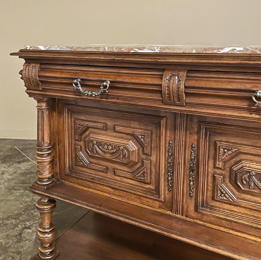 19th Century French Neoclassical Henri II Marble Top Walnut Buffet For Sale 4