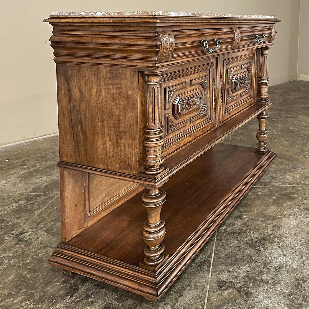 19th Century French Neoclassical Henri II Marble Top Walnut Buffet For Sale 5