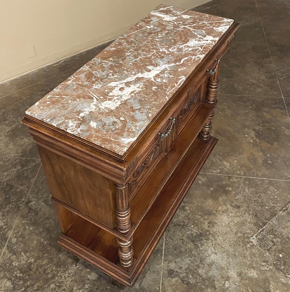 Hand-Crafted 19th Century French Neoclassical Henri II Marble Top Walnut Buffet For Sale