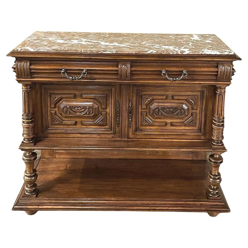 19th Century French Neoclassical Henri II Marble Top Walnut Buffet For Sale