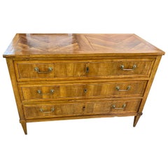 19th Century French Neoclassical Inlaid Walnut & Fruitwood Three-Drawer Commode