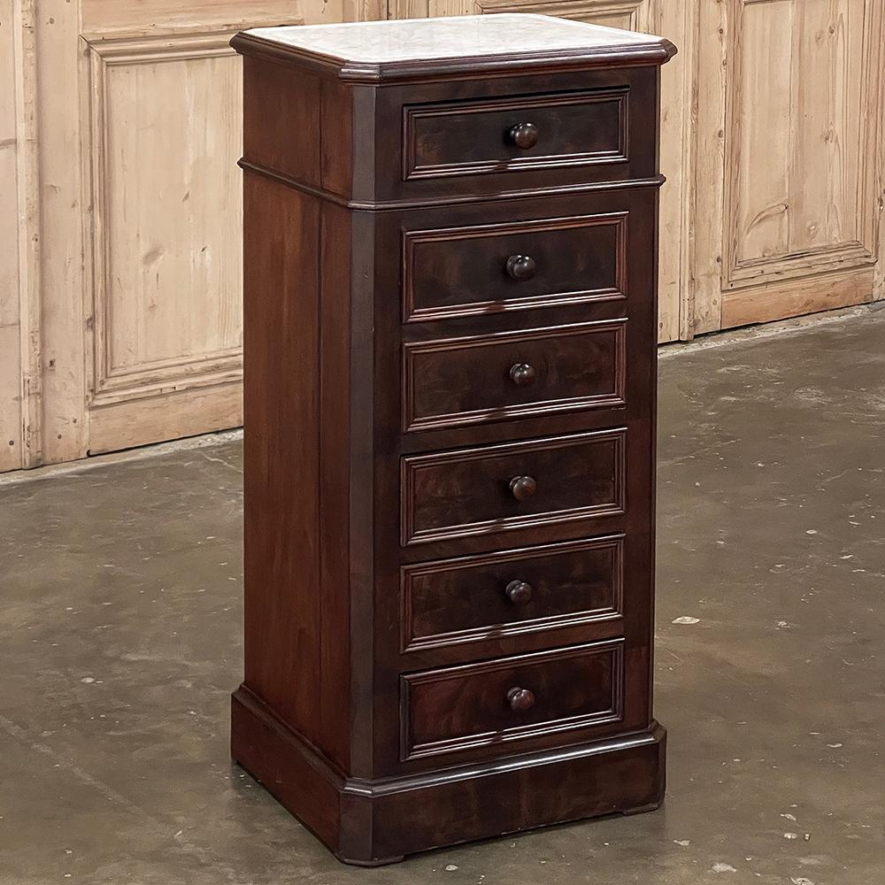 Napoleon III 19th Century French Neoclassical Louis XVI Mahogany Nightstand ~ Carrara Marble For Sale