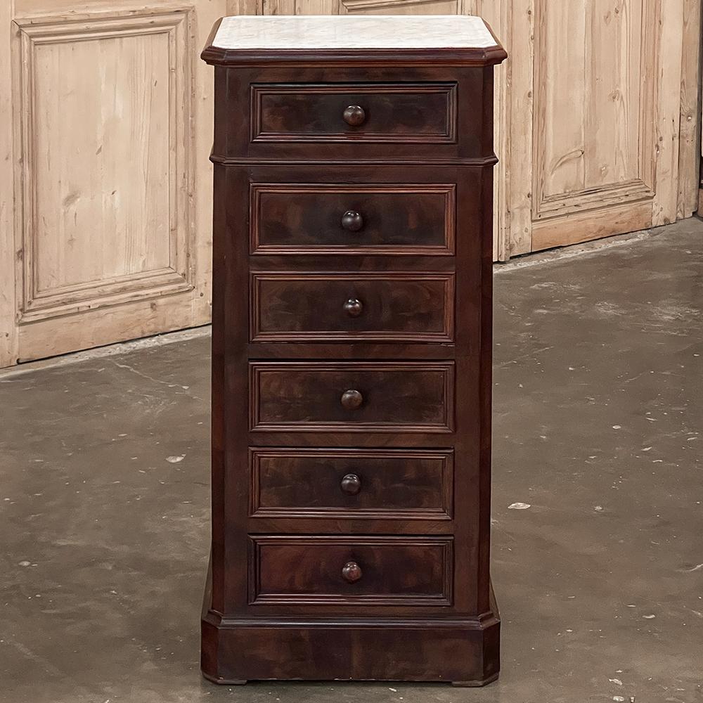Hand-Crafted 19th Century French Neoclassical Louis XVI Mahogany Nightstand ~ Carrara Marble For Sale