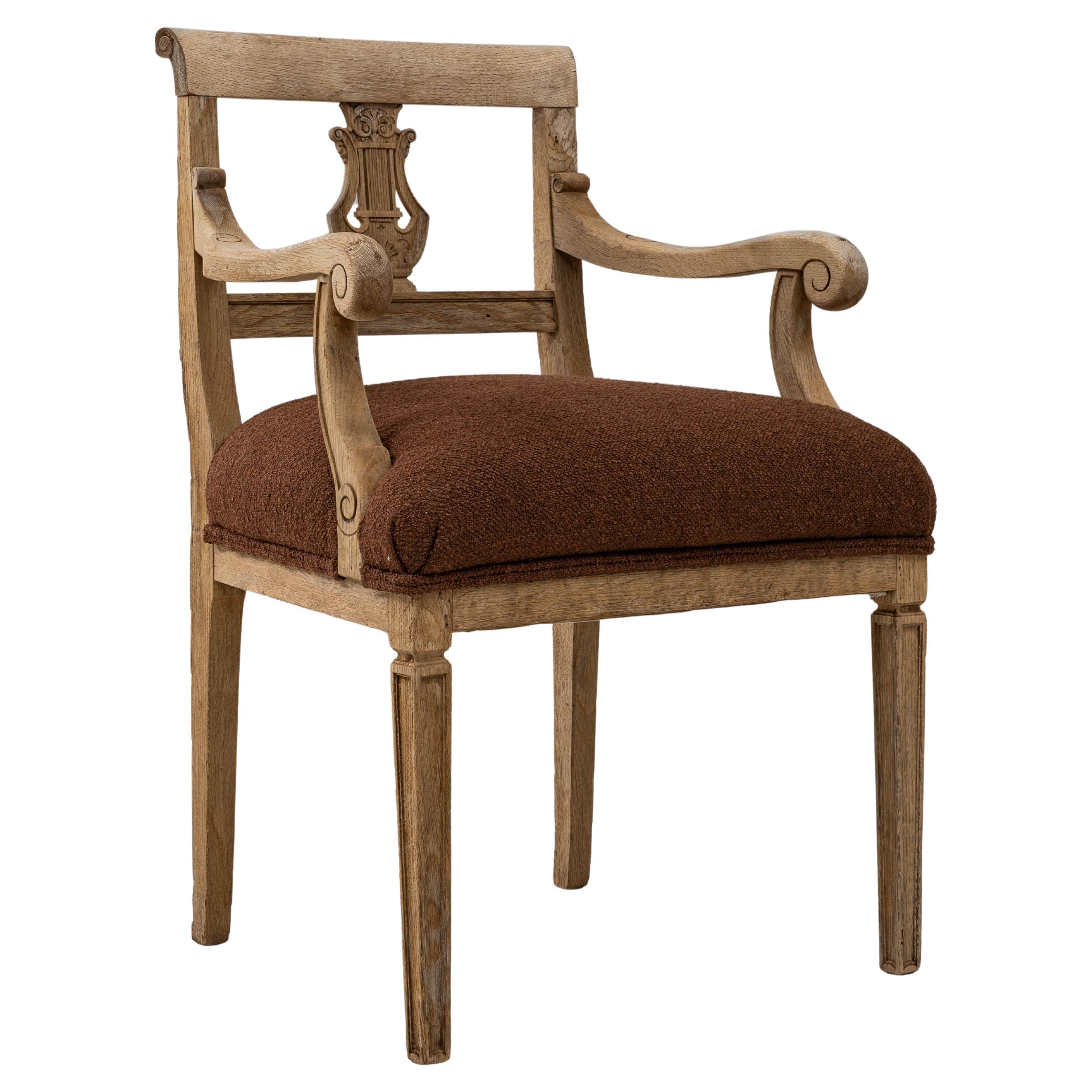 19th Century French Neoclassical Oak Upholstered Armchair With Lyre Back For Sale