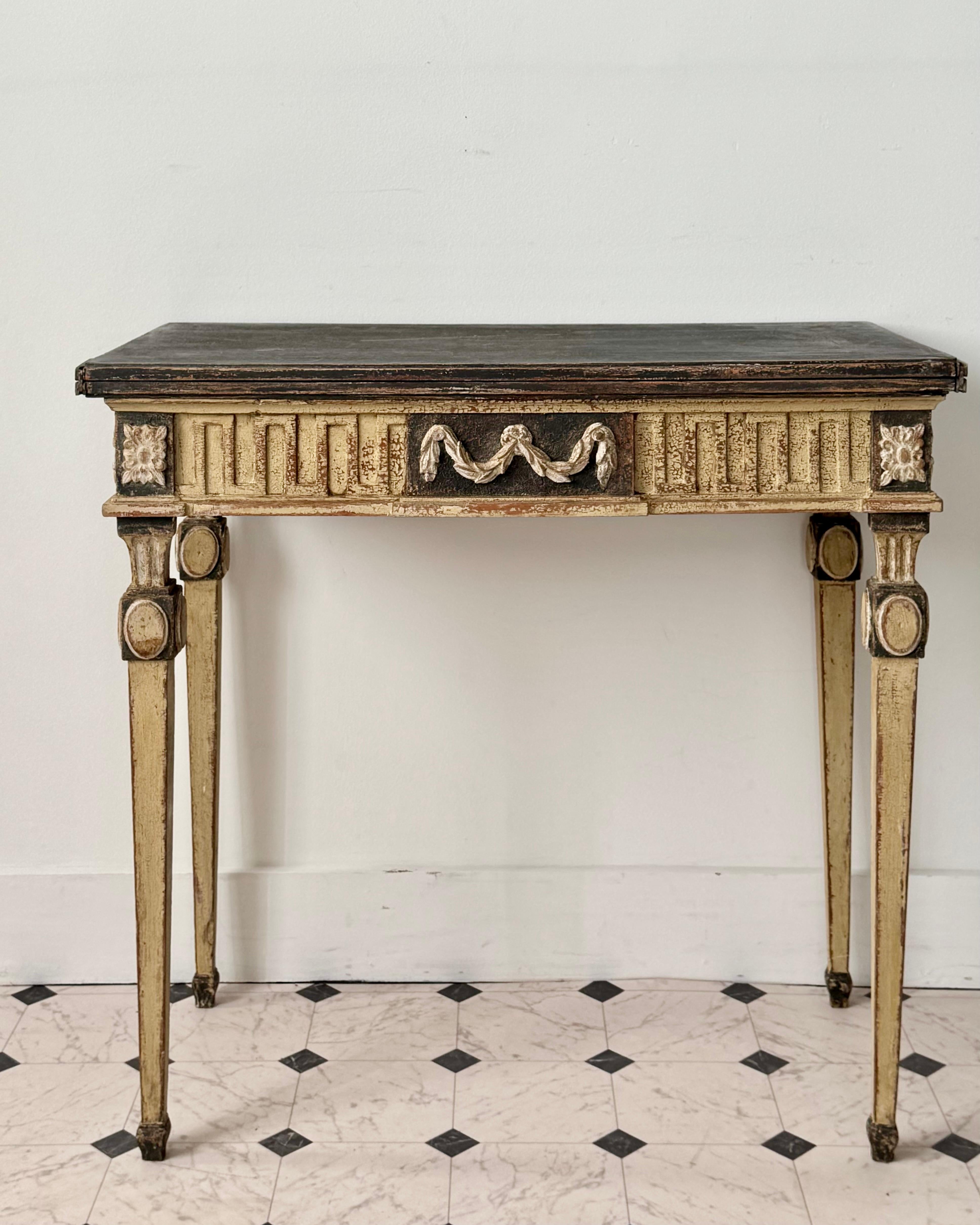 Hand-Carved 19th Century French Neoclassical Painted Console Table With Folding Top For Sale