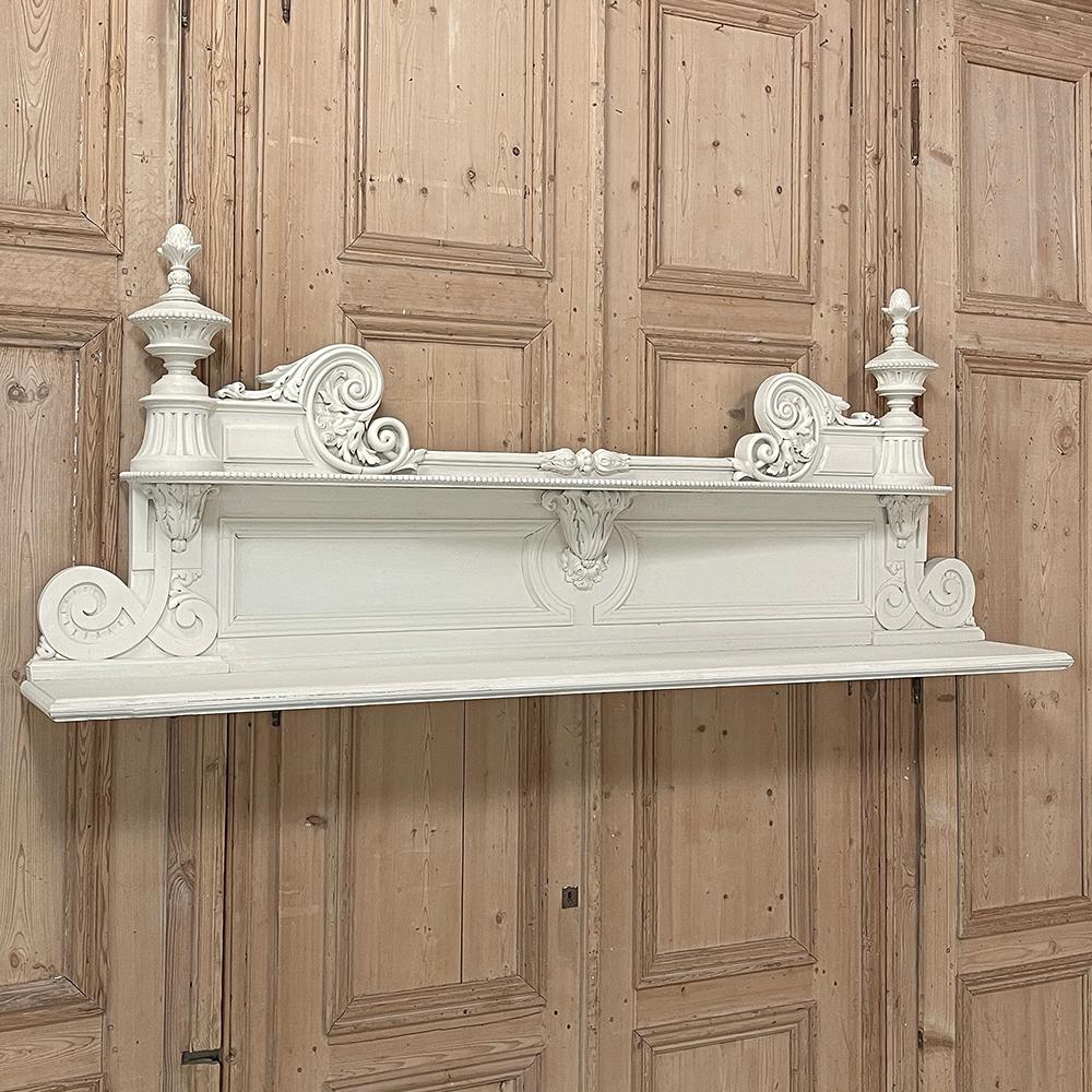 19th Century French Neoclassical Painted Wall Shelf ~ Mantel is an astounding display of timeless style rendered by master sculptors to create a seminal decorative accent that can serve as either a shelf or atop the fireplace to provide a finishing