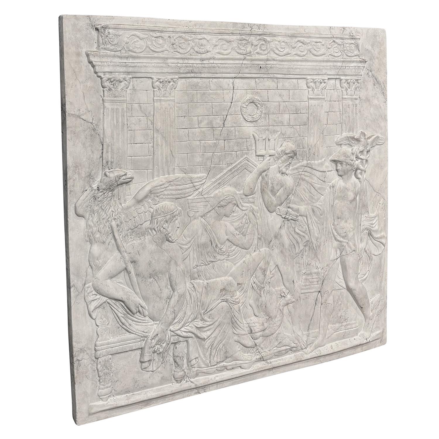 An early 19th Century, antique French wall or bas relief of the Roman God Neptune made of hand crafted Plaster, in good condition. The detailed Parisian wall panel is depicting on the left side Pluto with a muse and on the right side the Greek God