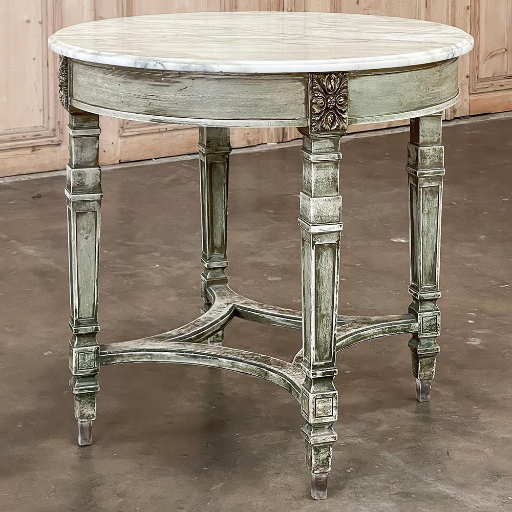 Hand-Carved 19th Century French Neoclassical Round Painted End Table with Carrara Marble Top For Sale