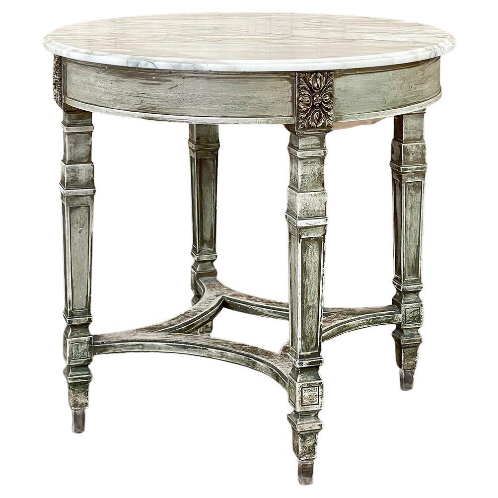 19th Century French Neoclassical Round Painted End Table with Carrara Marble Top For Sale