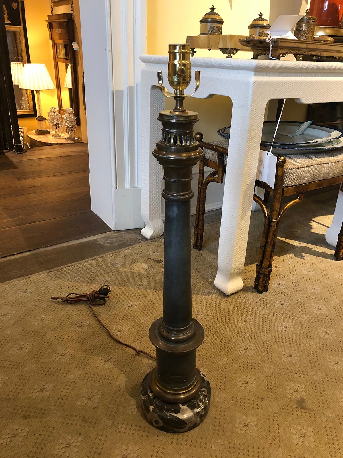 19th century French neoclassical style brass and steel lamp on marble base
New wiring.