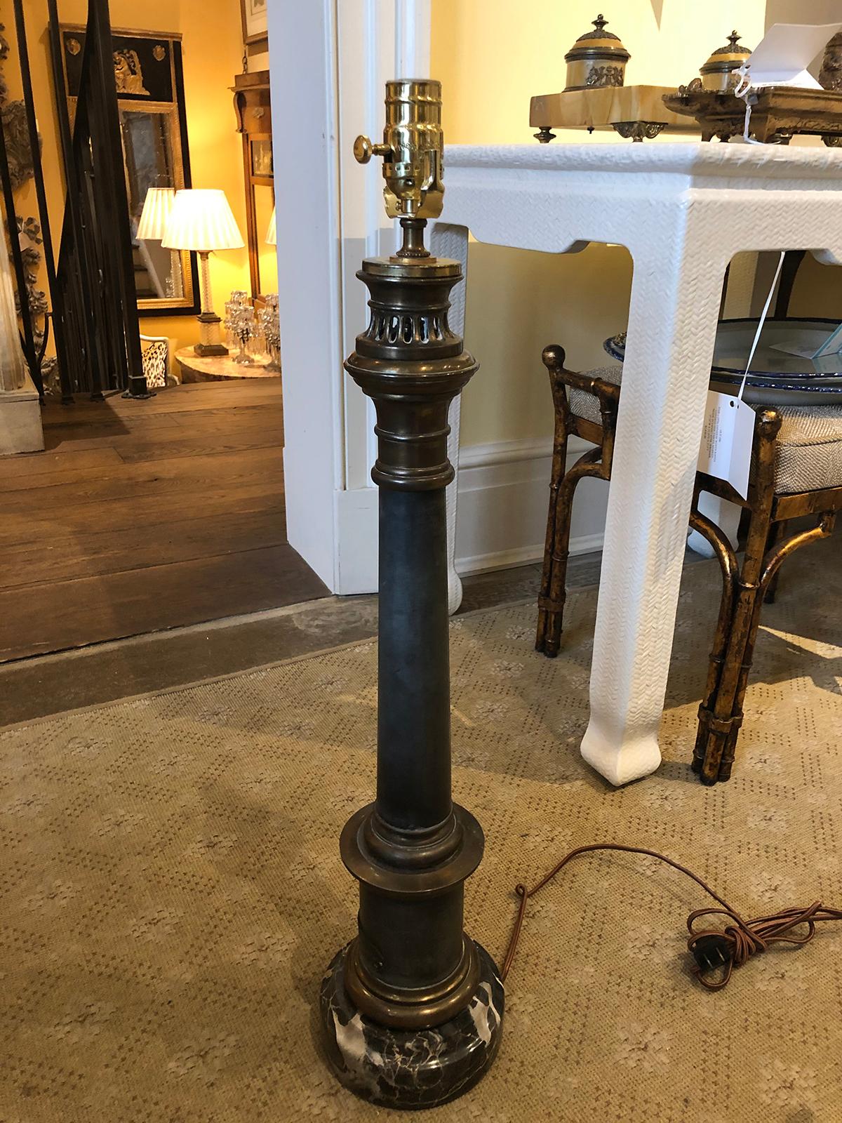 19th Century French Neoclassical Style Brass and Steel Lamp on Marble Base In Good Condition For Sale In Atlanta, GA
