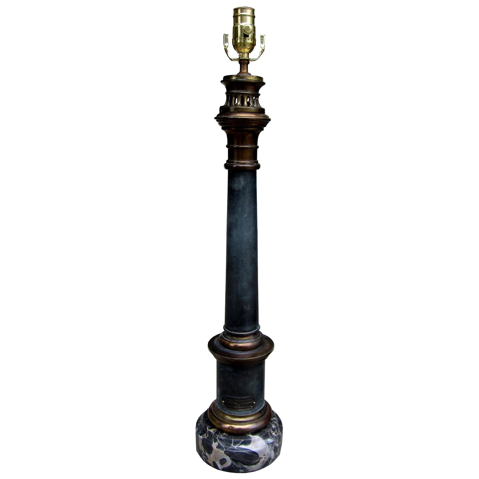 19th Century French Neoclassical Style Brass and Steel Lamp on Marble Base For Sale