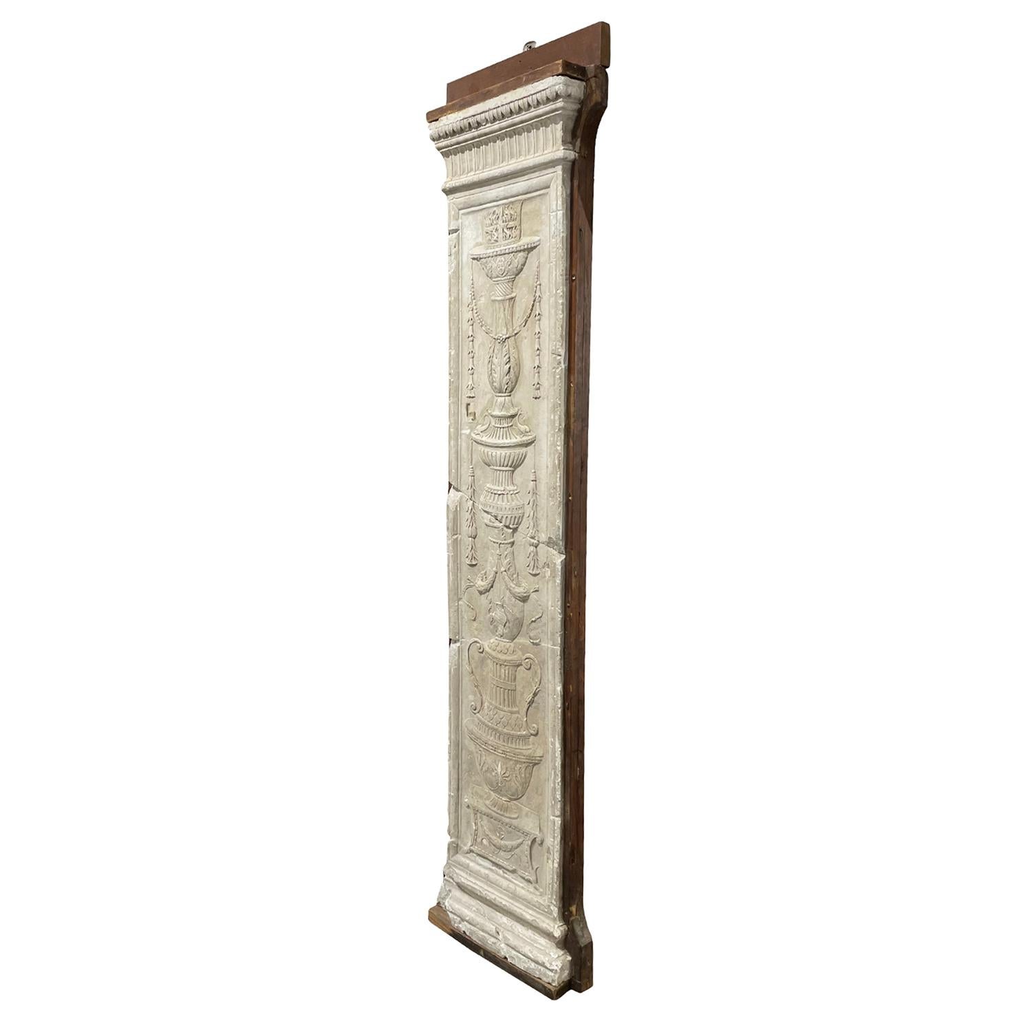 Hand-Carved 19th Century French Neoclassical Style Pilaster, Antique Plaster Wall Décor