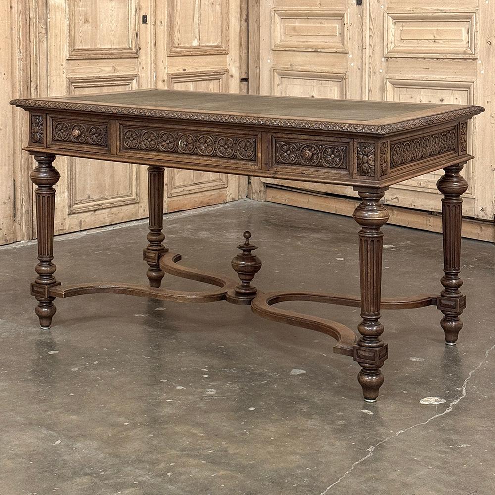 19th Century French Neoclassical Walnut Desk ~ Double Faced is a design that is perfect for placement anywhere in the room!  Lavished on all four sides with French style Greek coin motif in bold relief, it features acanthus rosettes on each corner