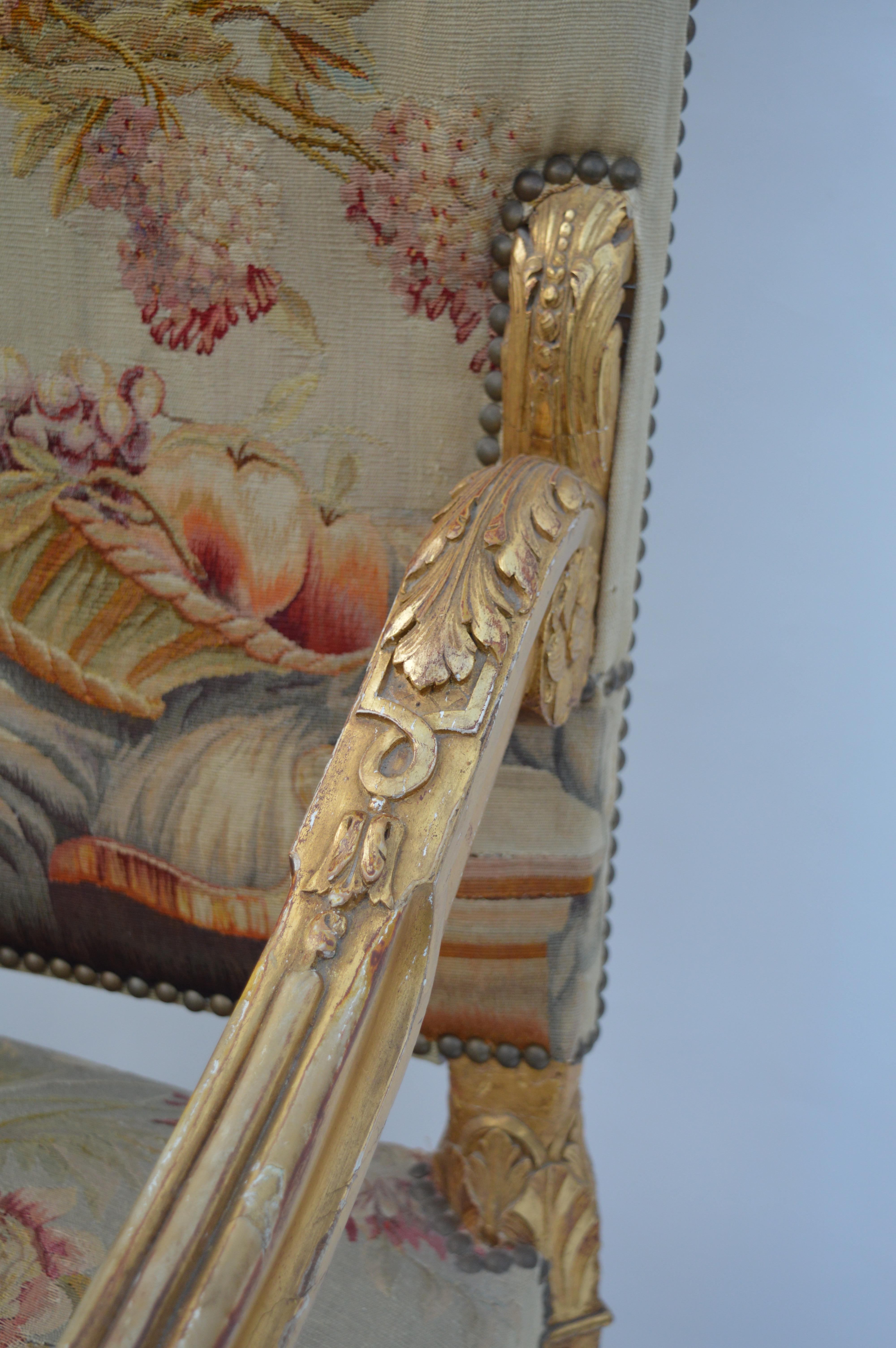 19th Century, French Neoclassical, Water Gilded, Hand-Carved Walnut Armchairs For Sale 7