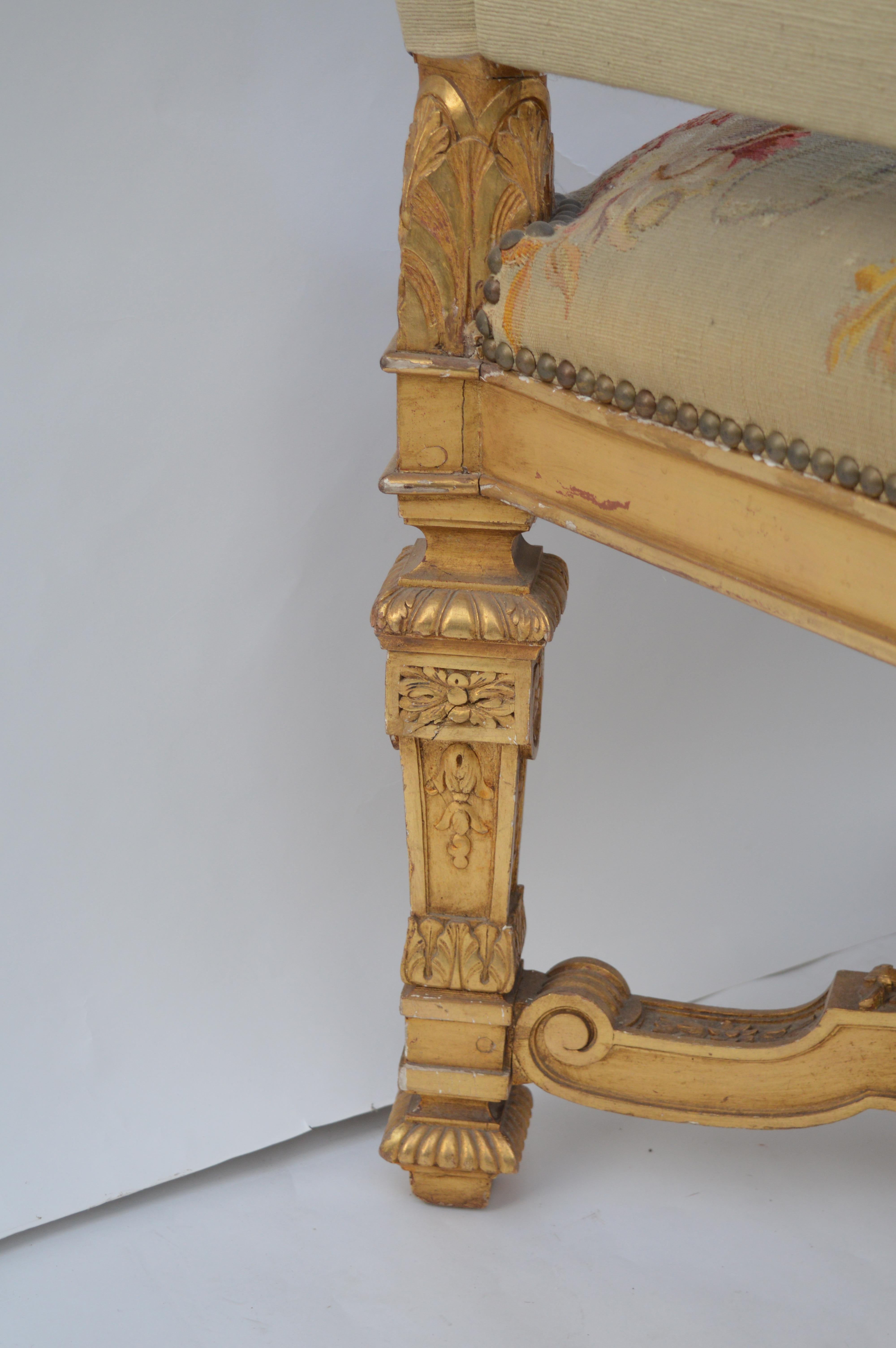 19th Century, French Neoclassical, Water Gilded, Hand-Carved Walnut Armchairs For Sale 8
