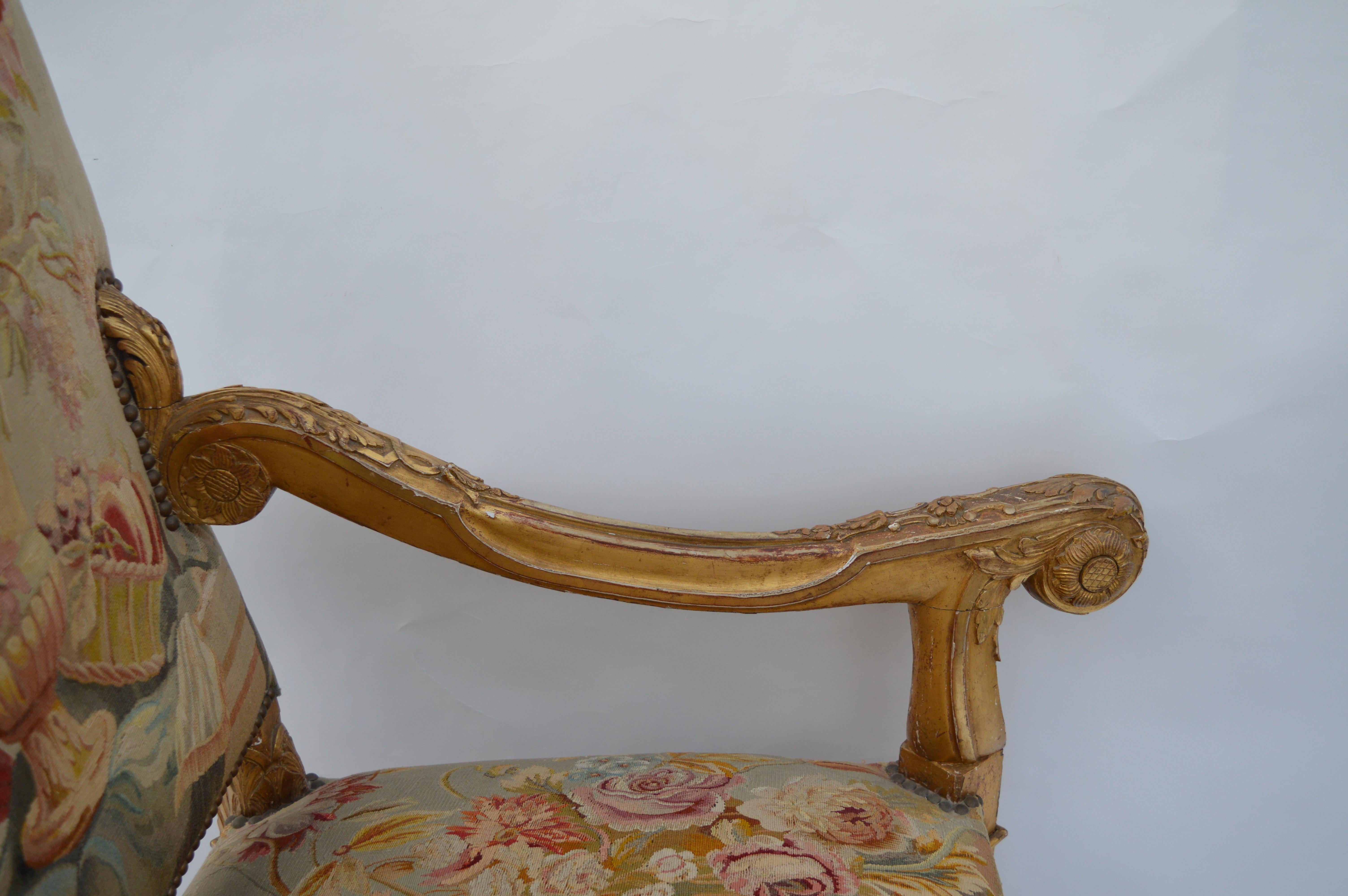 19th Century, French Neoclassical, Water Gilded, Hand-Carved Walnut Armchairs For Sale 10